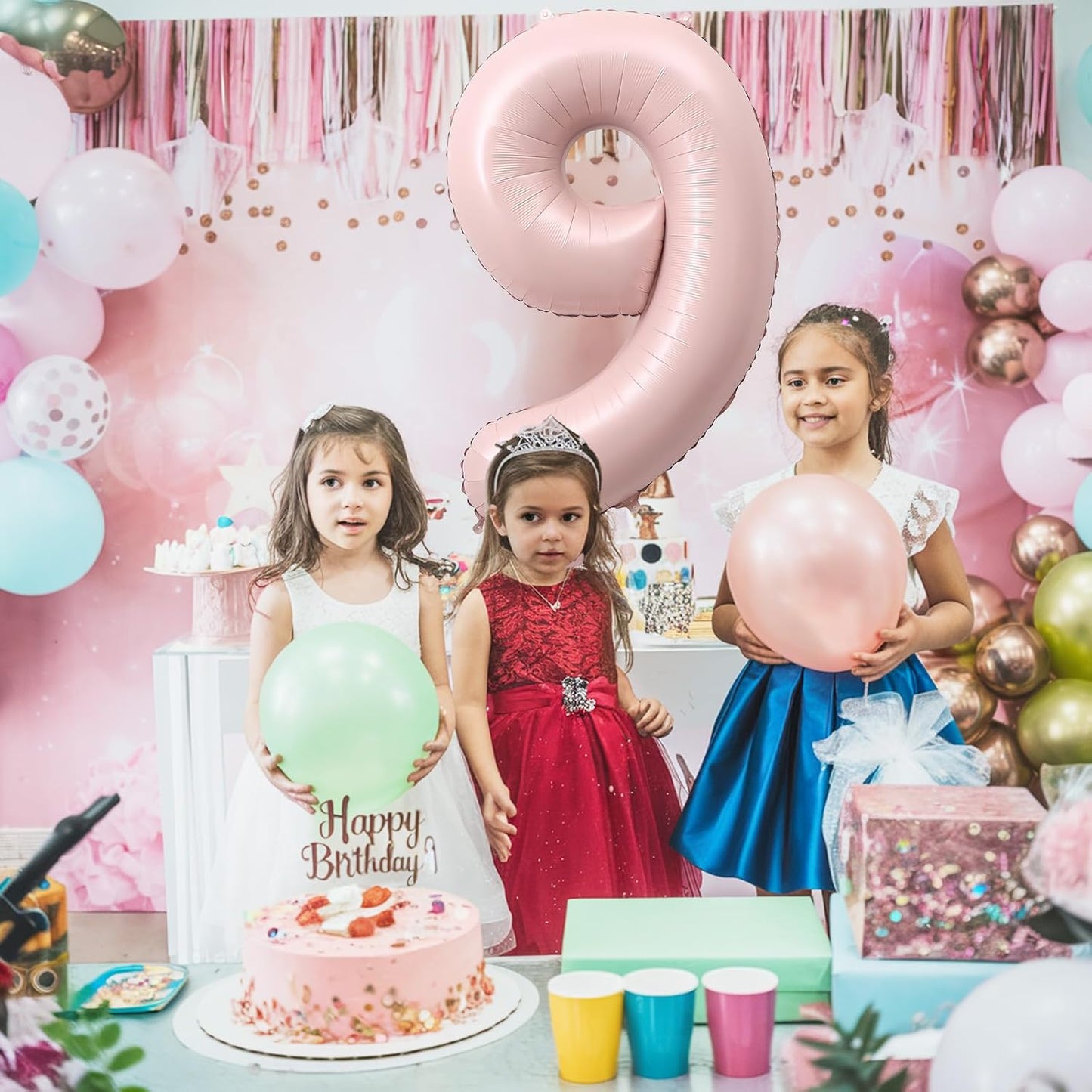 40'' Pink Number Balloon 9, Self Inflating Retro Dusty Pink Foil Number Balloons Set 0-9, Self Inflating Digital 9 Helium Balloon for Girls 9th Birthday Women Anniversary Party Decorations Supplies