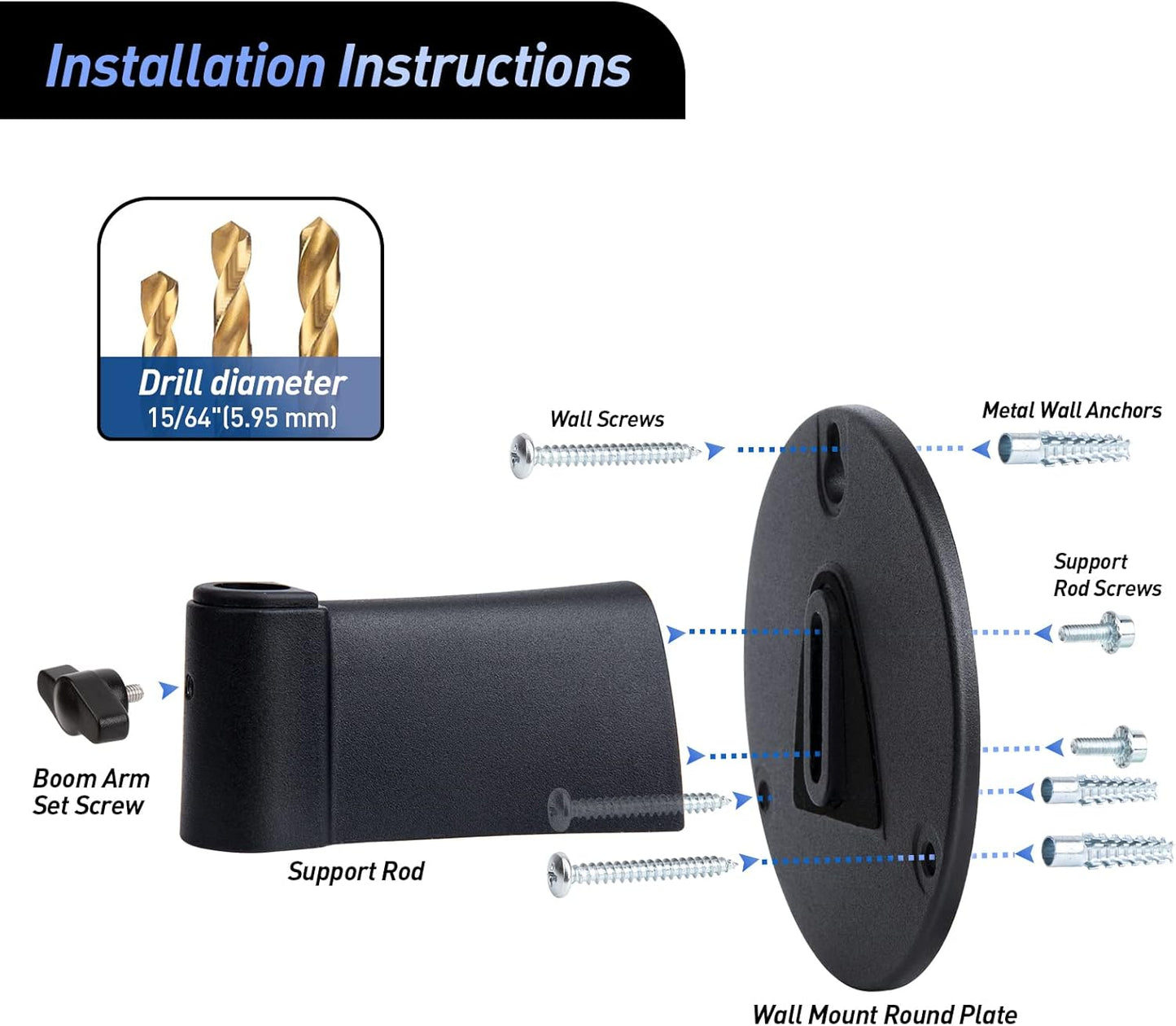 Microphone Wall Mount Boom Arm - Microphone Wall Mount for Mic holder,Horizontal Mounting Wall,Space Saving Desktop Metal Mic Stand Clamp by SUNMON