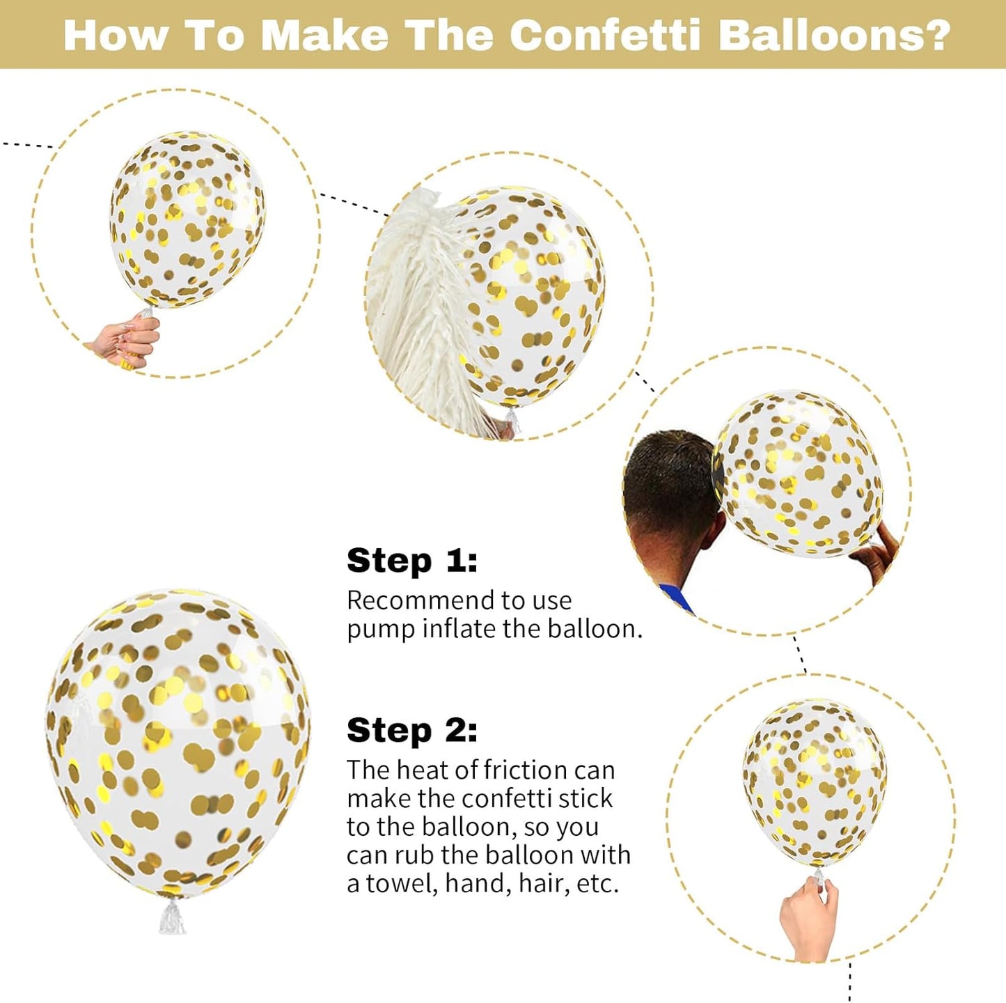 Latex Balloons with Gold Confetti Helium Party Balloons for Birthday Anniversary Wedding Retirement New Year Decoration, Black White Gold (BS-001)