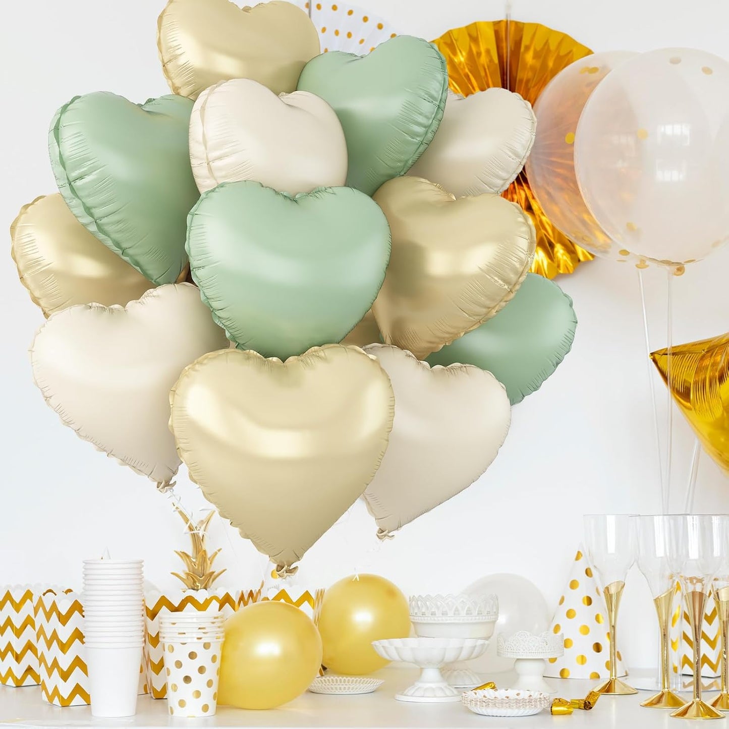 Sage Green Gold Heart Balloons,12Pcs Light Gold Heart Shaped Foil Balloons,18Inch Cream White Helium Polyester Film Balloon for Baby Shower Birthday Anniversary Wedding Party Decorations