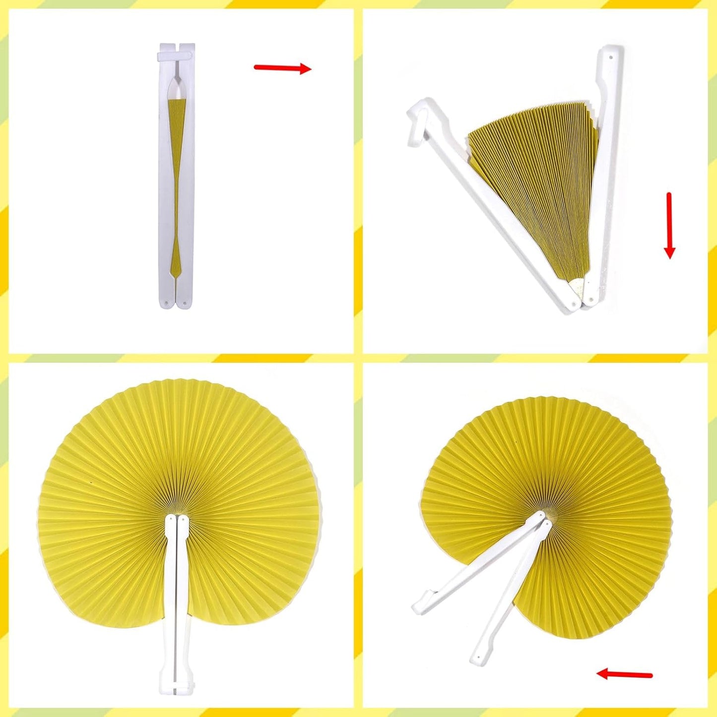 12 Packs Decorative Paper Folding Hand Fans Handheld,Yellow Round Foldable Wedding Fans Chinese and Japanese Fans Bulk for Bridal Guest Church Party Favors Dancing Birthday DIY