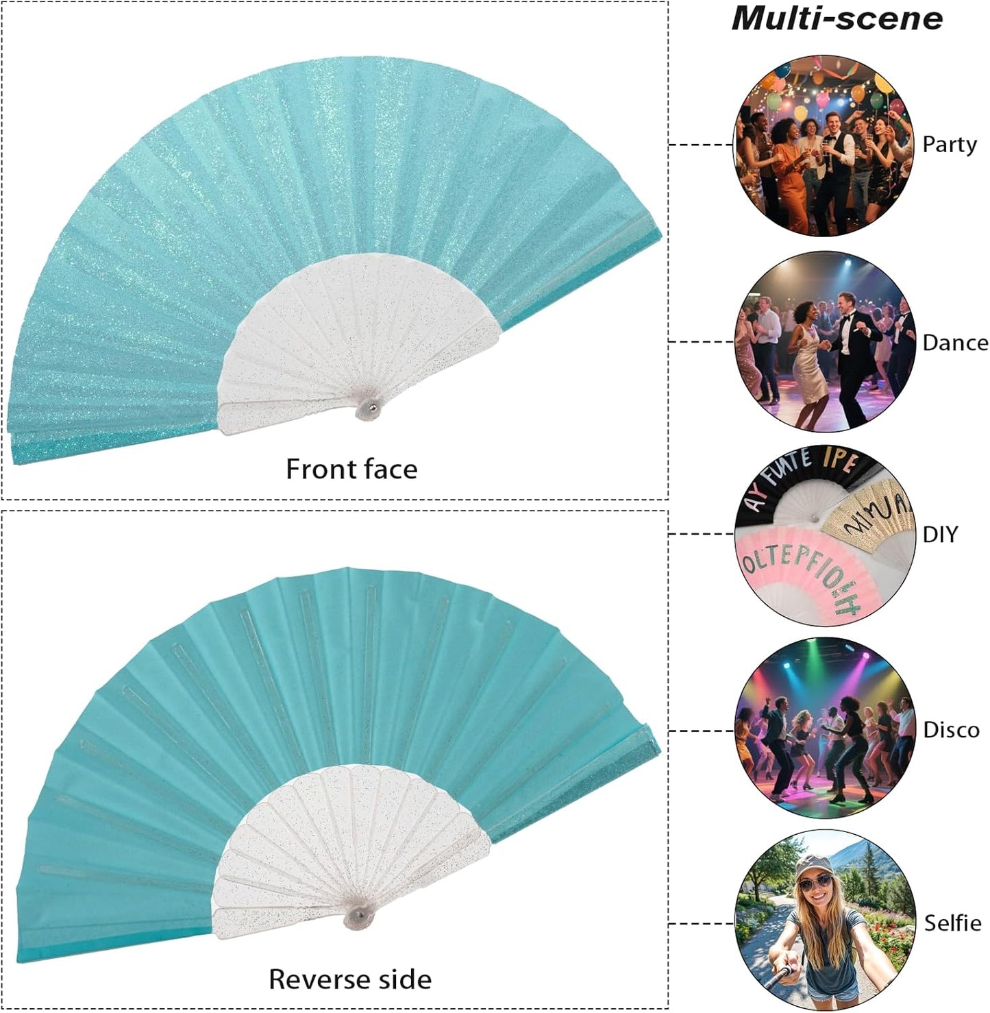 24 Pack Handheld Fan,Folding Hand Glitter Fan with Shining Transparent Fan Rib – Ideal for Wedding, Church, Festival, Dance, Tea Party, Club, and EDM Accessories, Sky Blue