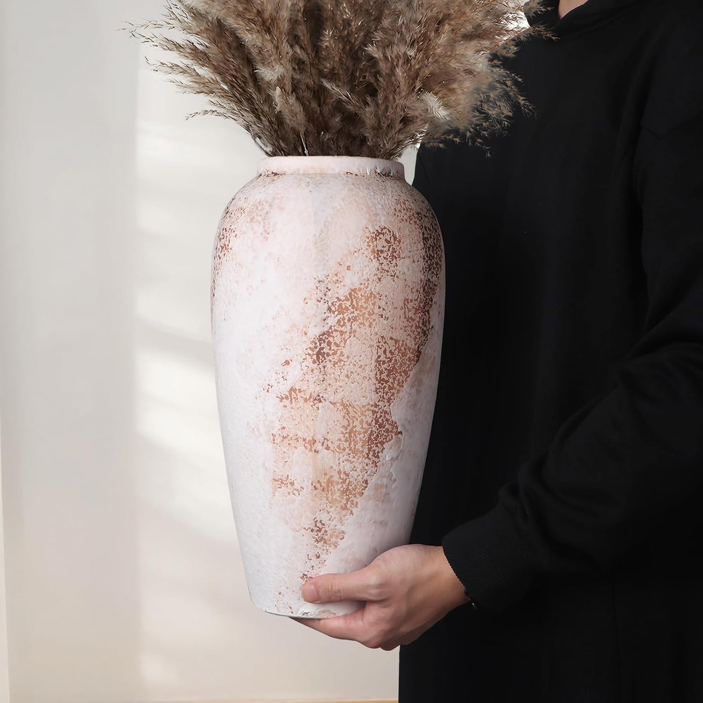 Large Rustic Vase for Flowers,13.8'' White Farmhouse Ceramic Vases for Home Decor, Minimalist Decorative Tall Vase for Living Room, Entryway, Shelf, Premium Pottery Clay Table Centerpiece Decor