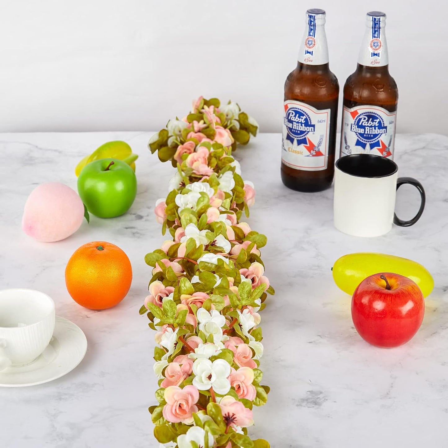 8 Pcs x 8.2 ft Flower Garland Artificial Rose Vine Flowers with Green Leaves Hanging Fake Roses Vine for Room Party Home Wedding Birthday Christmas Wall Arch Decor, Pink White Flower