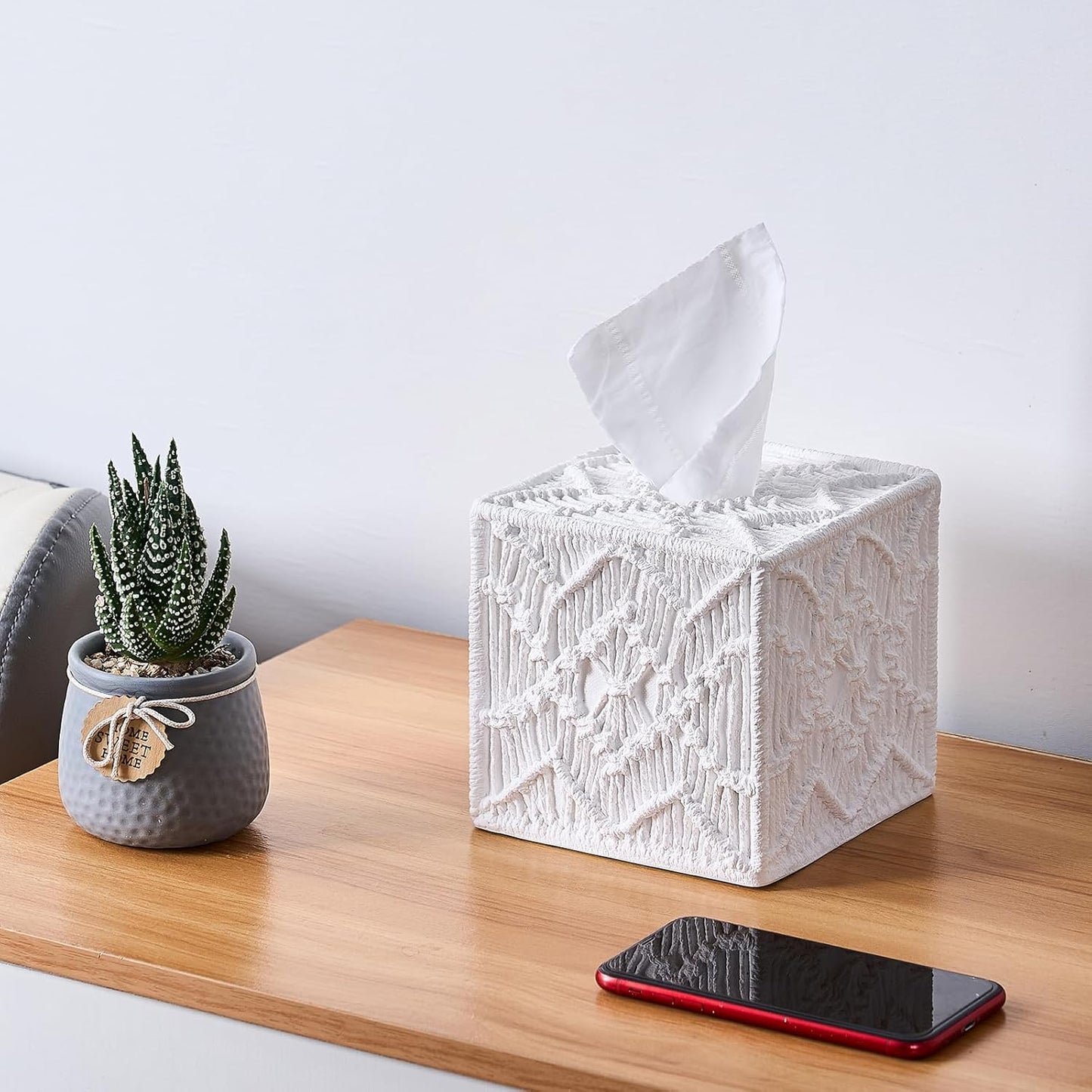 White Woven Macrame Boho Tissue Box Cover Square for Home Decor,Resin Heavy Woven Tissue Box Holder for Bathroom Kitchen Countertop,Bedroom, Vanity, Night Stand, Office Desk Top, Waterproof Durable