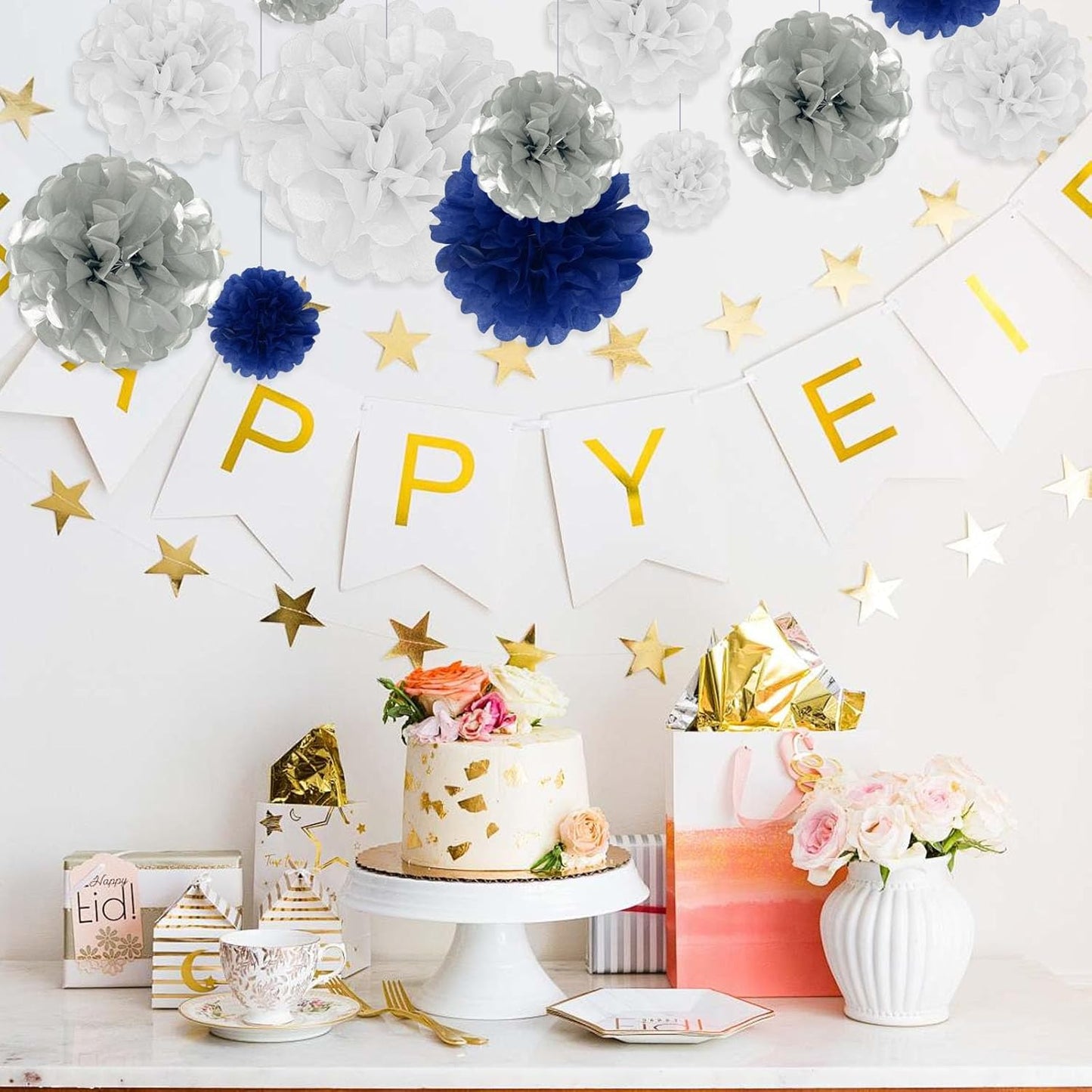 Tissue Paper Pom Poms, Silver Blue White Tissue Paper Flowers, Hanging Flower Balls for Weddings Fiesta Parties Birthday Baby Showers Classroom Bridal Shower Decoration (18Piece Set-6/10/12/14Inch)