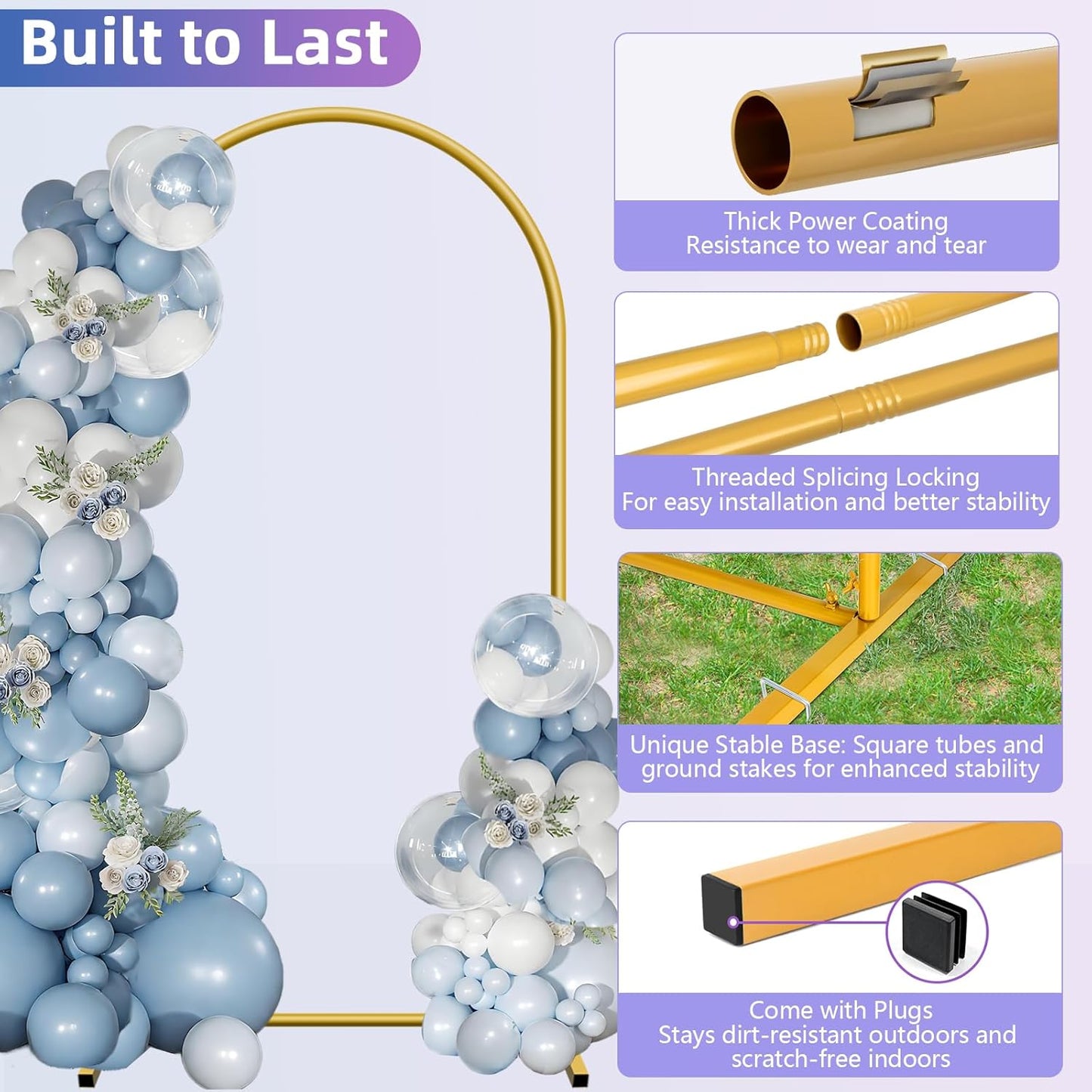 HEMMOTOP Metal Arch Backdrop Stand, Set of 3 (7.2ft / 6.6ft / 6ft) Wedding Arch Stand for Party, Birthday, Baby Shower - Background Arched Frame for Garden Decor, Gold Flower Arches Stands, 3 Pieces