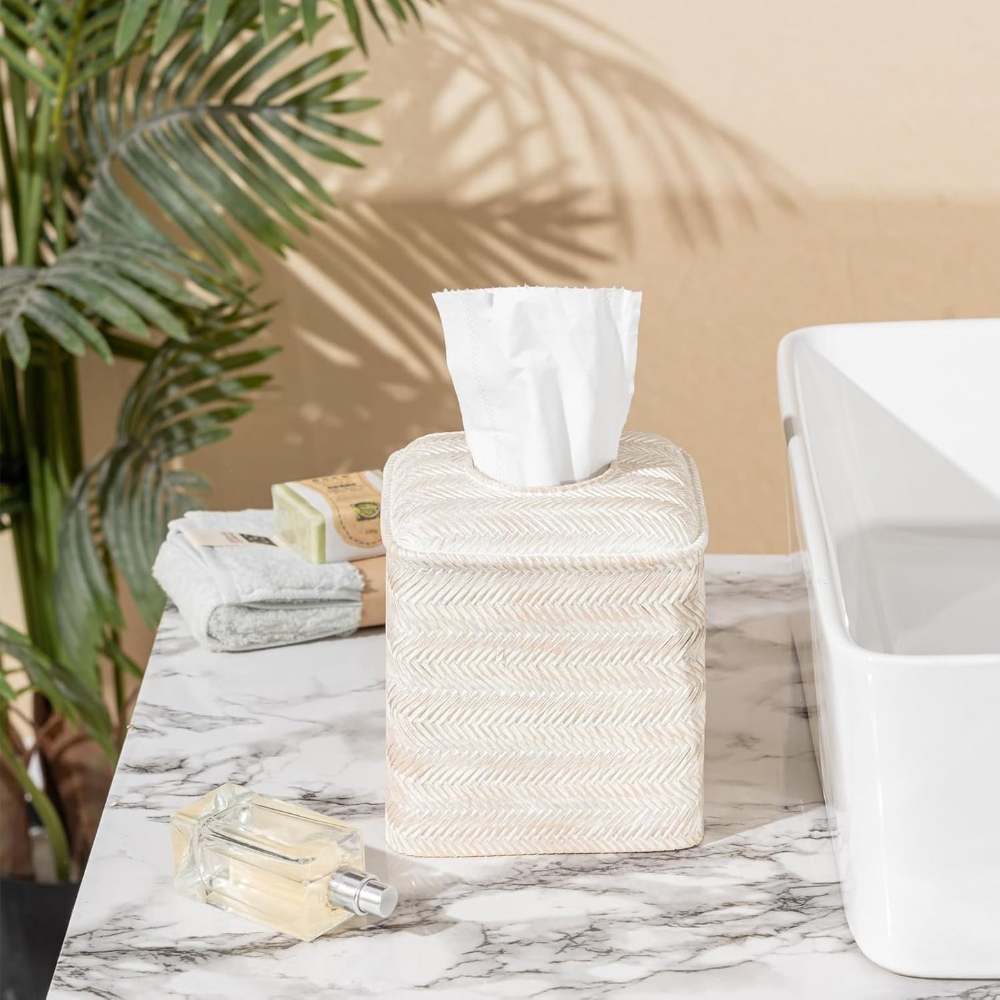 Tissue Box Cover Square Resin Tissue Holder for Home Decor,Hand Carved Wicker Tissue Box Holder,5.3 x 5.3 x 5.9 inches, Farmhouse White