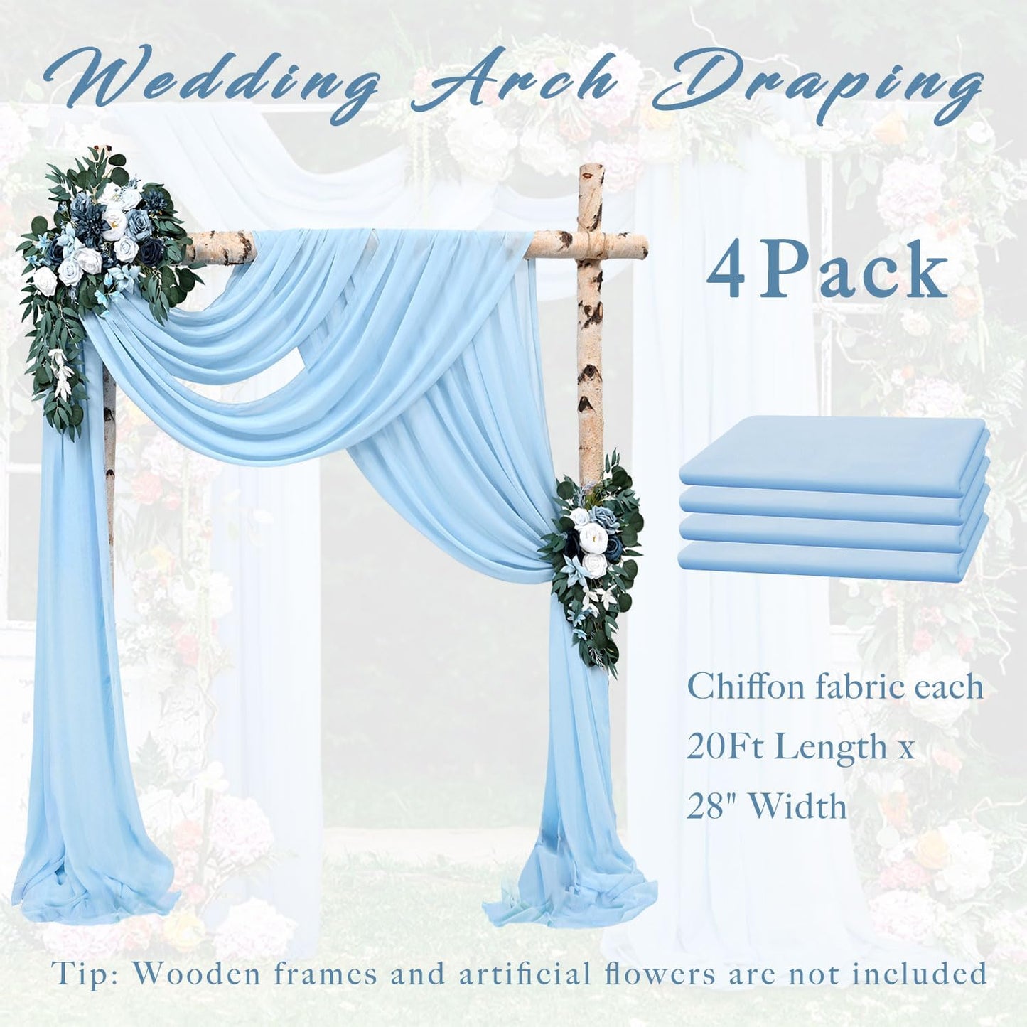 Wedding Arch Drapes Fabric 4 Panels 20Ft Length x 28" Width Baby Blue Arch Draping Chiffon Fabric Sheer Curtains Backdrop for Party Bridal Ceremony Ceiling Decor Wedding Stage Reception Decorations