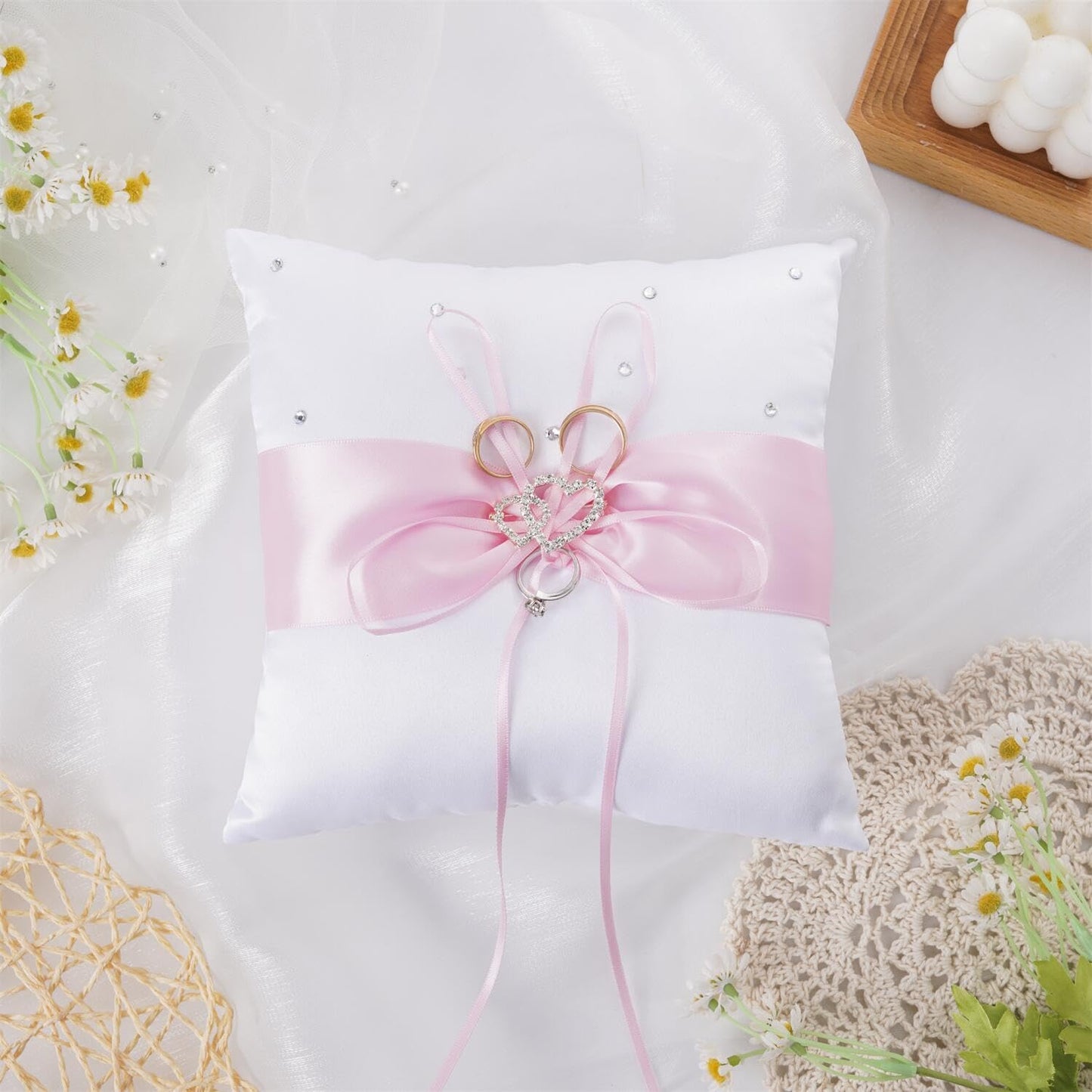 QIRMIZI Ring Pillow,Pearls Ring Cushion, Ring Bearer, Ring Holder for Beach Wedding, Wedding Ceremony, Proposal,Pink