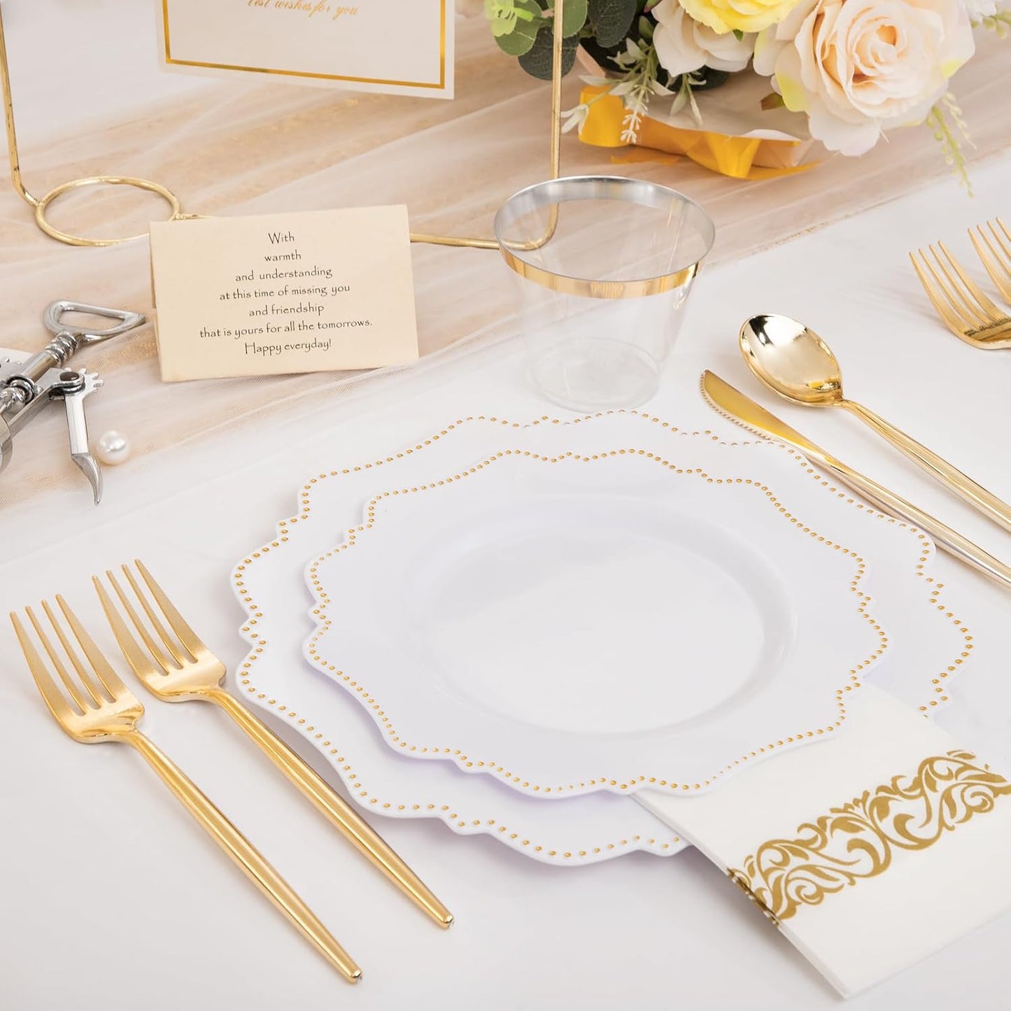 COLOSUS 175pcs Plastic Party Plates Disposable Plastic Dinnerware set. 25guests White Gold Dinner & Dessert Plates with Silverware Cups and Napkins for Party Dinner and Wedding