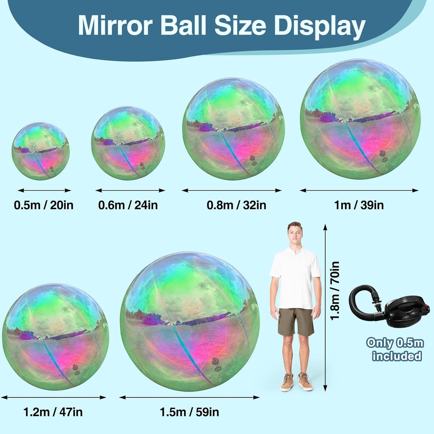 Inflatable Mirror Ball, Iridescent Big Shinny Balls Reusable Large PVC Disco Ball Balloon for Large Event Decoration, Party, Wedding Decor, Concerts, Stage (1 Pcs, 0.5m/19.7in with Air Pump)