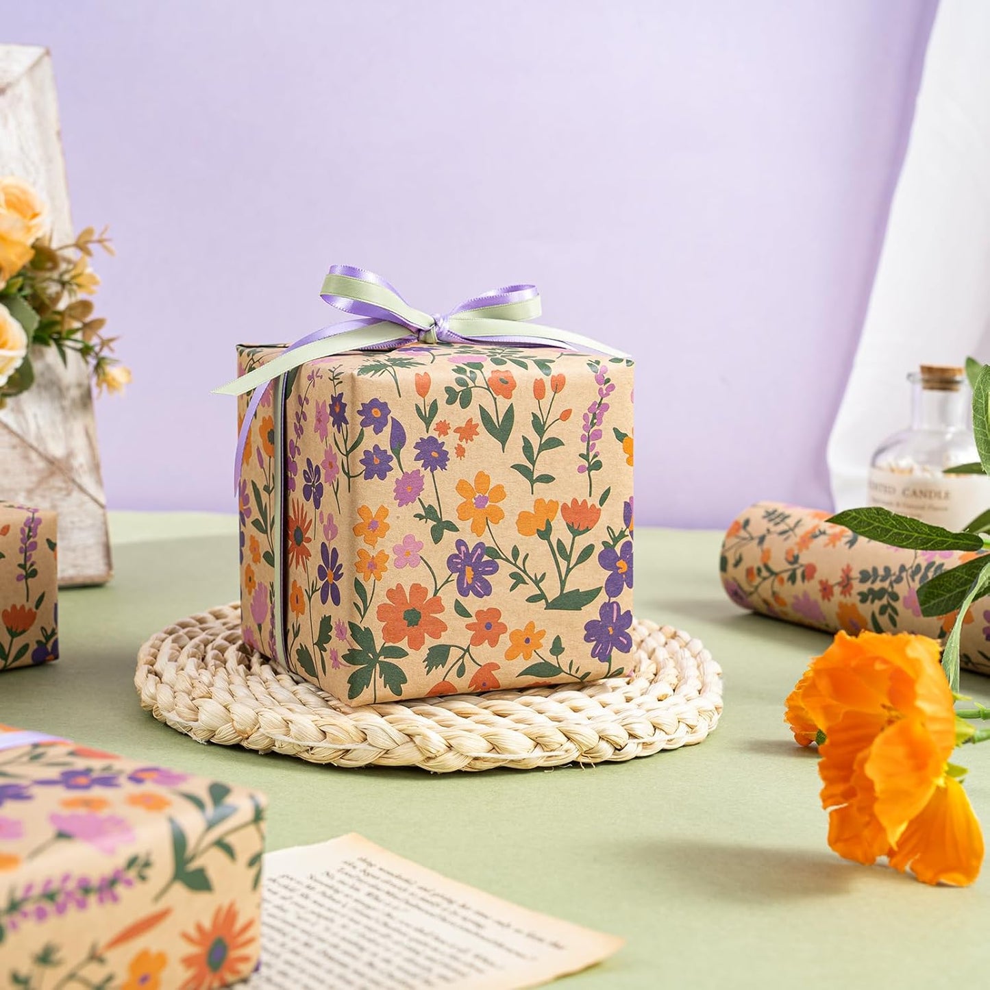 WRAPAHOLIC Kraft Floral Wrapping Paper Roll - Mini Roll - 17 Inch x 16.5 Feet - Vintage Flower Wrapping Paper, Perfect for Wedding, Birthday, Bridal Shower, Tea Party