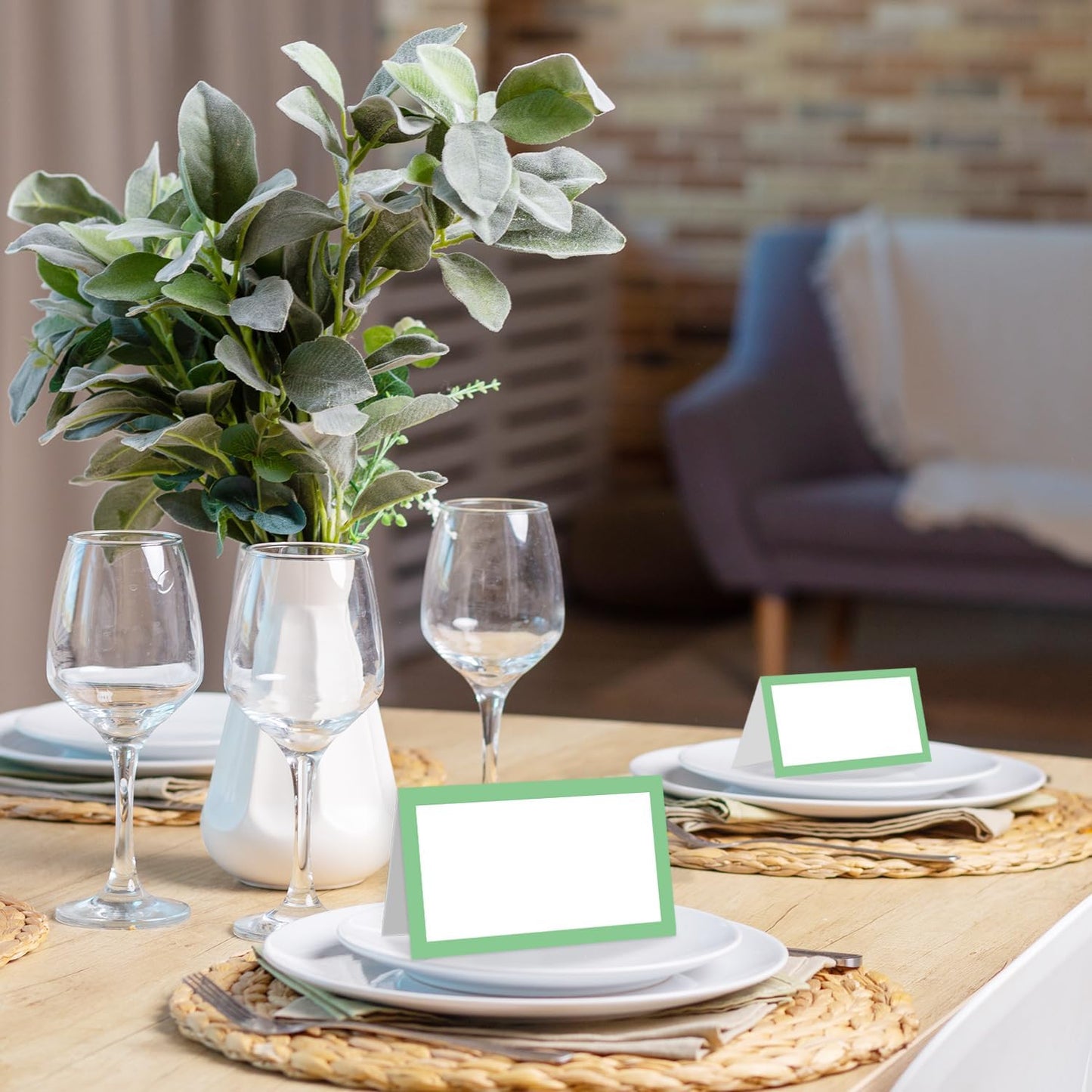 25 Pack Green Border Place Cards, Editable Name Cards for Table Setting, Tent Cards Food Label for Dinner Party, Bridal Shower, Wedding, Baby Shower and Events -T25