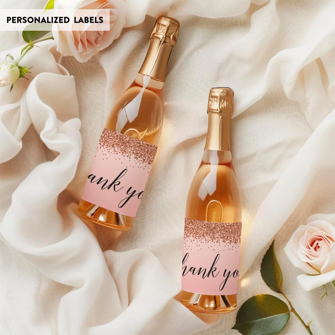 Andaz Press Mini Champagne Wine Bottle Labels, Thank You, Blush Pink Faux Rose Gold Glitter Elegant, 20-Pack, Party Favor Gift Label Stickers Baby Shower Bridal Shower