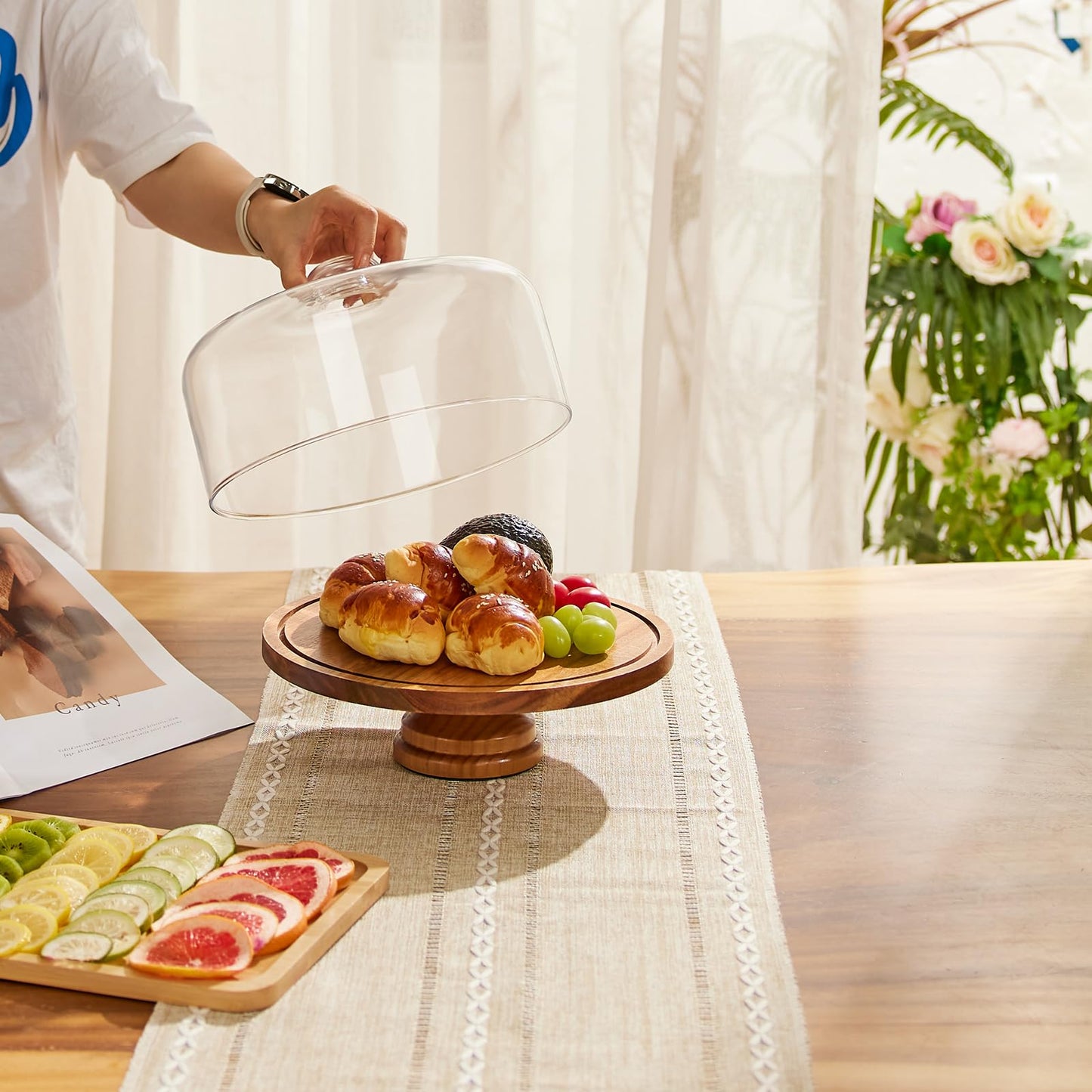 Yangbaga Cake Stand with Lid: 11in Rotating Wooden Cake Holder w/Glass Dome