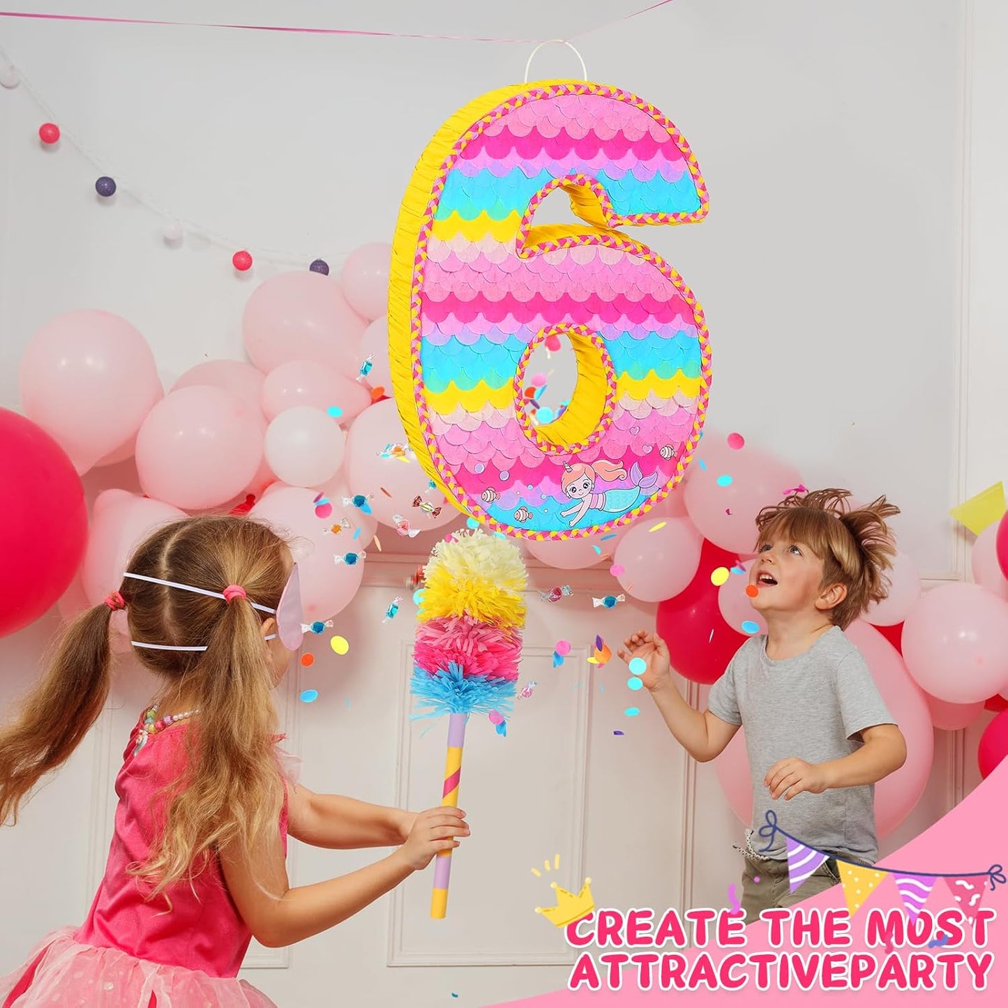 Number 6 Pinata for Birthday Party Decorations, Unicorn Mermaid Theme Pink Piñata Games Toy (6th)