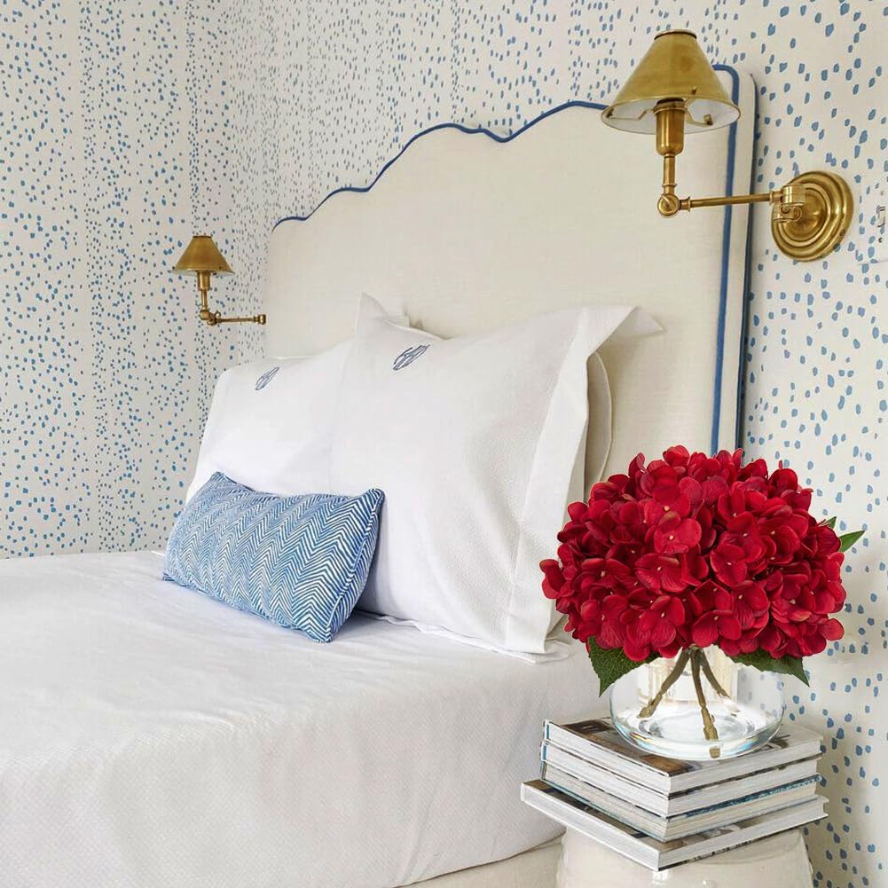 Hollyone Hydrangea Artificial Flowers in Vase Red Silk Fall Fake Flowers Arrangements with Glass Vase with Faux Water Faux Floral Bulk Bouquet for Office Table Centerpiece Shelf Home Decorations