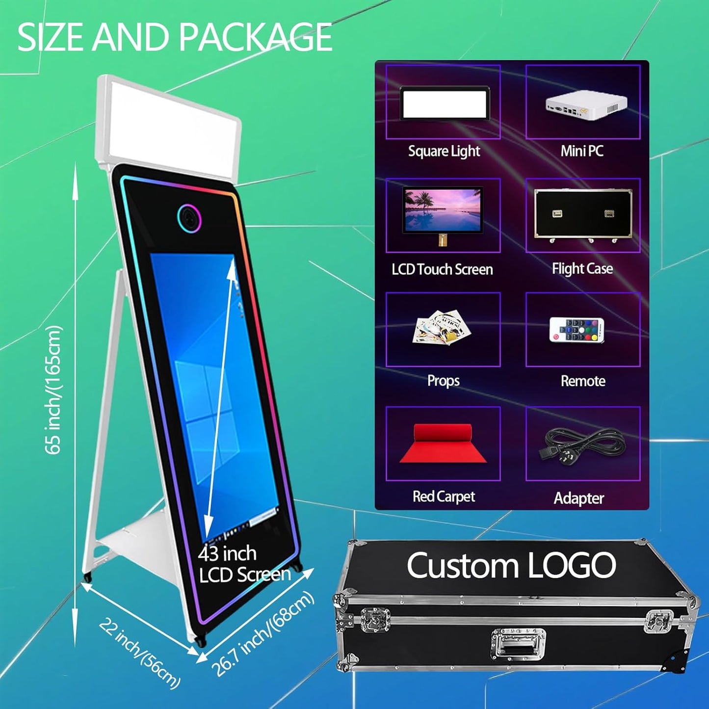 65''Magic Mirror Photo Booth Machine,Mirror Photo Booth 43''Touch Screen,Photo Booth with Flight Case,App Control,RGB Light for Wedding Party Events (White, Machine)