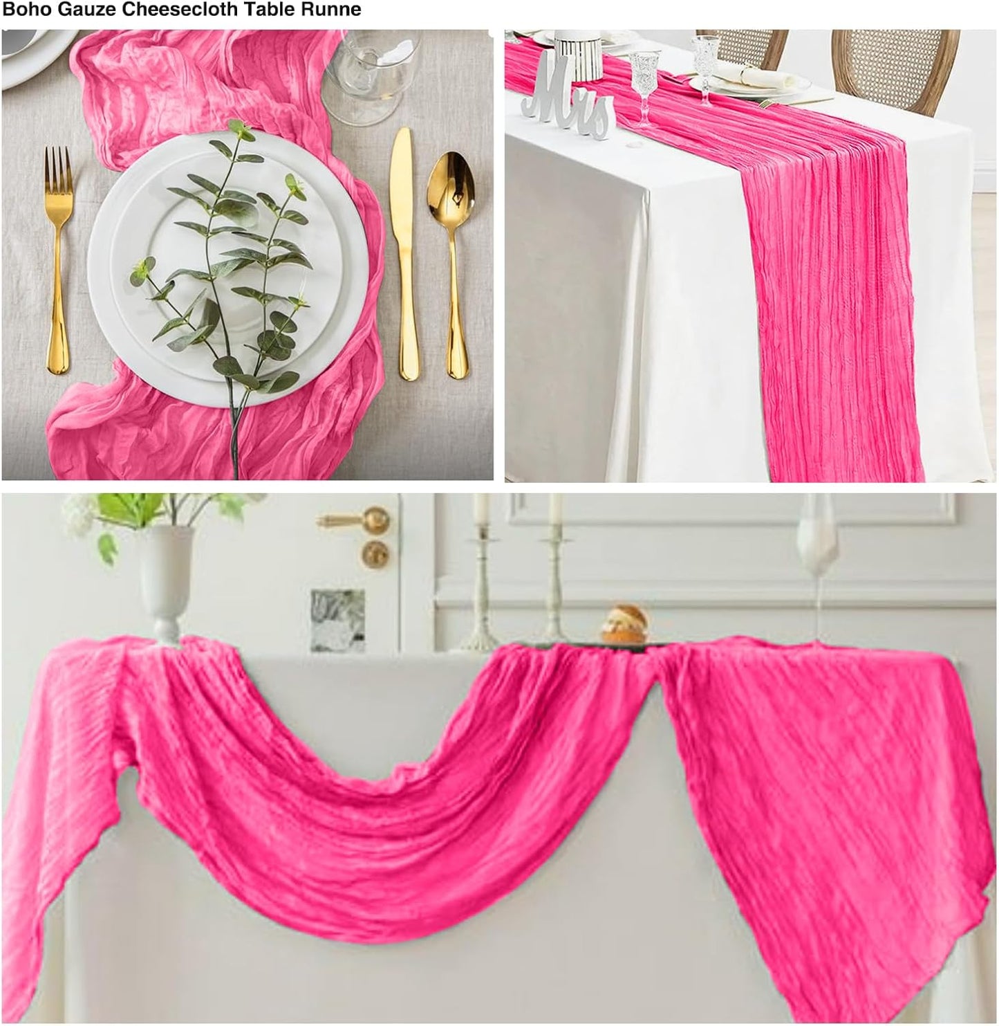 6 Pack Hot Pink 10Ft Cheesecloth Table Runner 20x120 Inch Boho Wrinkled Sheer Romantic Gauze Decor for Wedding, Bridal Shower, Birthday Party
