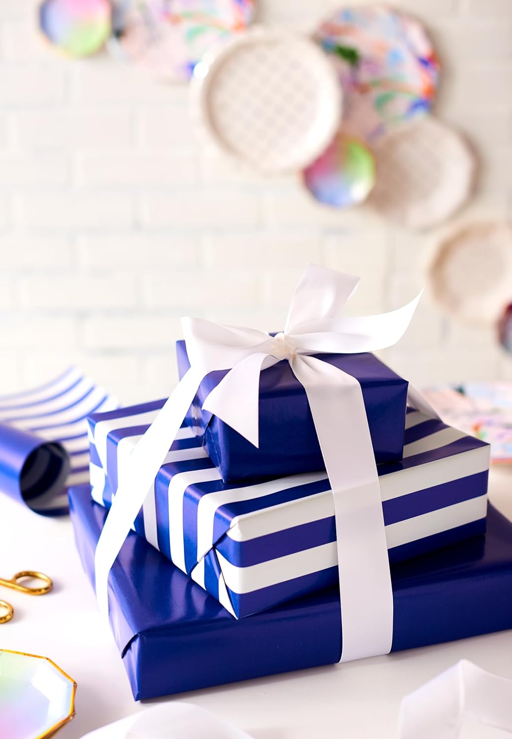 American Greetings Reversible Wrapping Paper Jumbo Roll for All Occasions, Navy and Stripes (1 Roll, 175 sq. ft.)