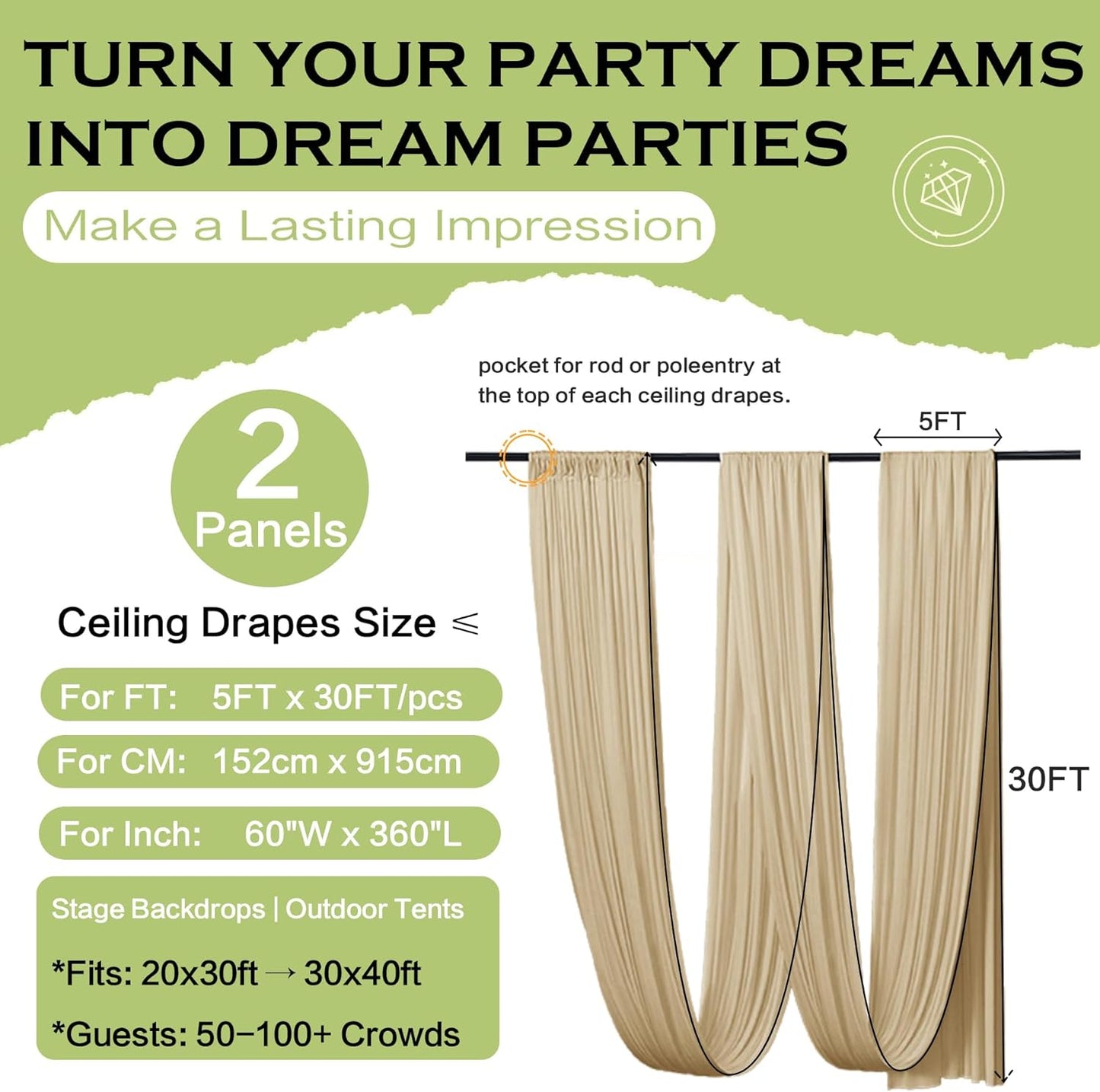 PartyVillage 2 Panels 5ftx30ft Beige Ceiling Drapes for Wedding Parties โ 30 FT Extra Long Thick Polyester Wrinkle-Free Drapery Tent Decor Decorations for Birthday Party Ceremony Stage Swag