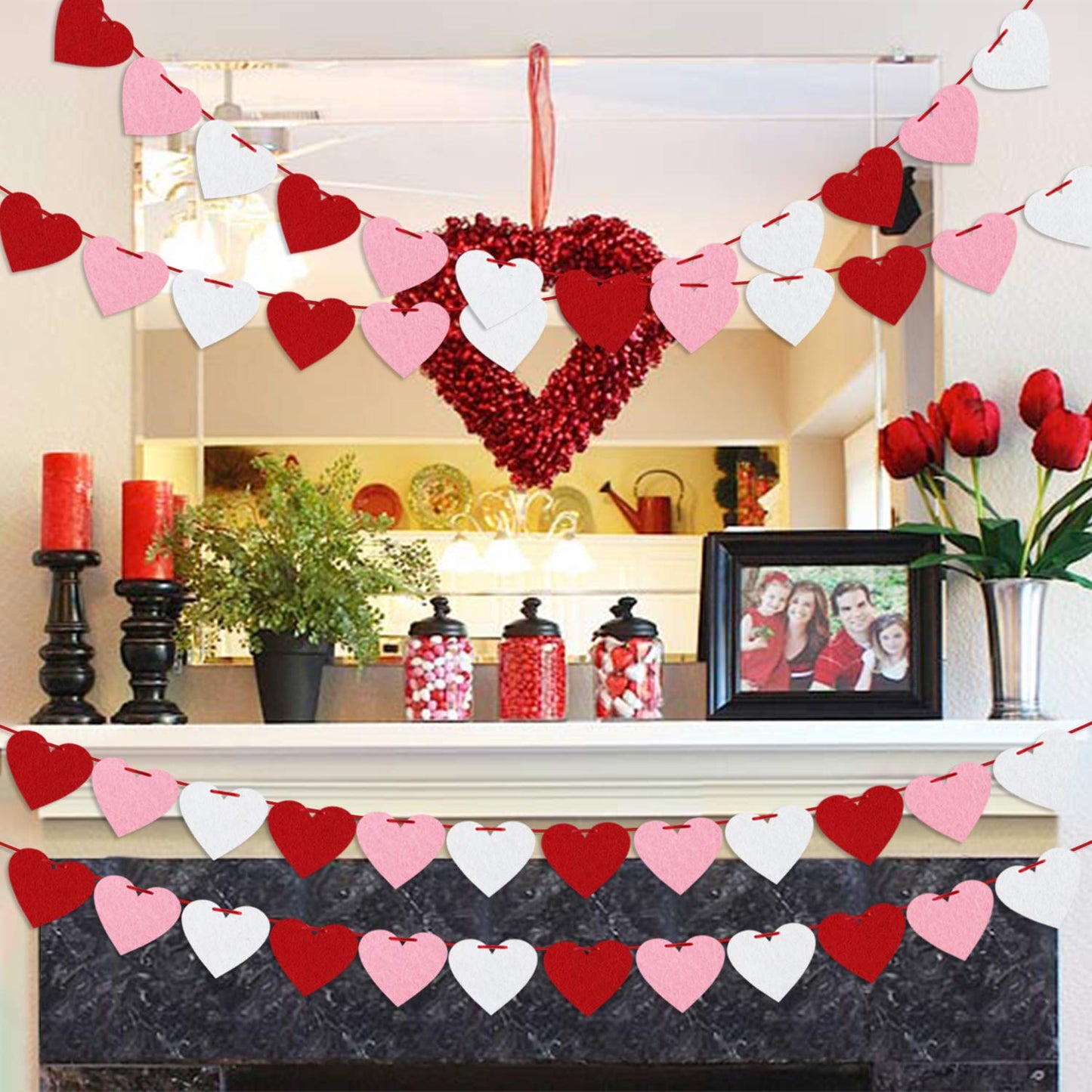 Felt Heart Garland Banner, Pre-Strung | Valentines Decorations | Red Pink White Valentines Banner |