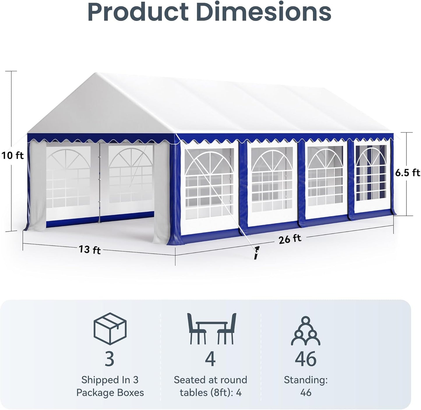 PHI VILLA 26'x13' Outdoor Heavy Duty Party Tent Large Commercial Canopy Wedding Event Tent Shelter Canopy Carport with Removable Sidewalls & 3 Storage Bags for Patio Outdoor Garden Events, Blue