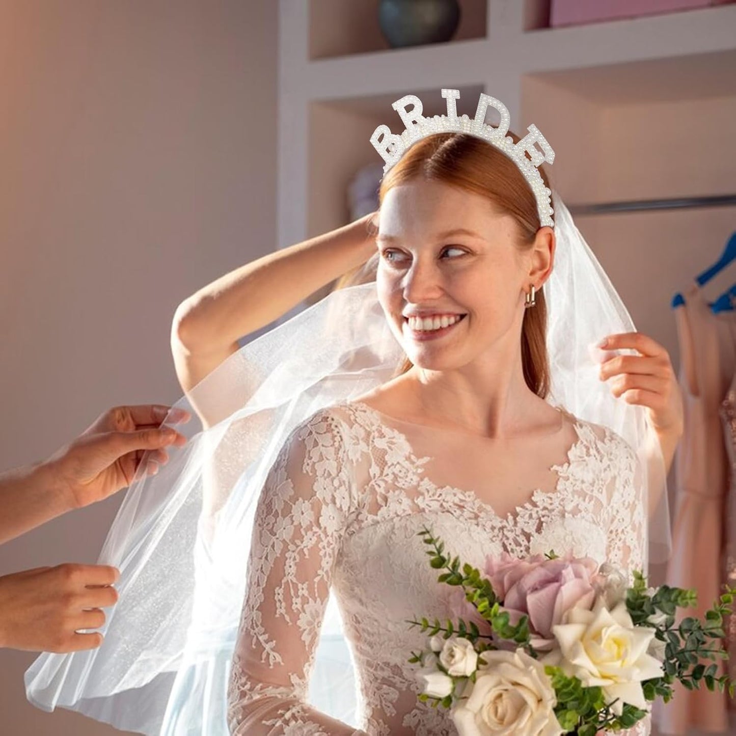 Lamyba 3pcs Bachelorette Party Decorations Bride Veil,Pearl Bride Fanny Pack&Pearl Bride Headband Bachelorette Party Favors/Accessories Bachelorette Gifts for Bride Bridal Shower Gifts