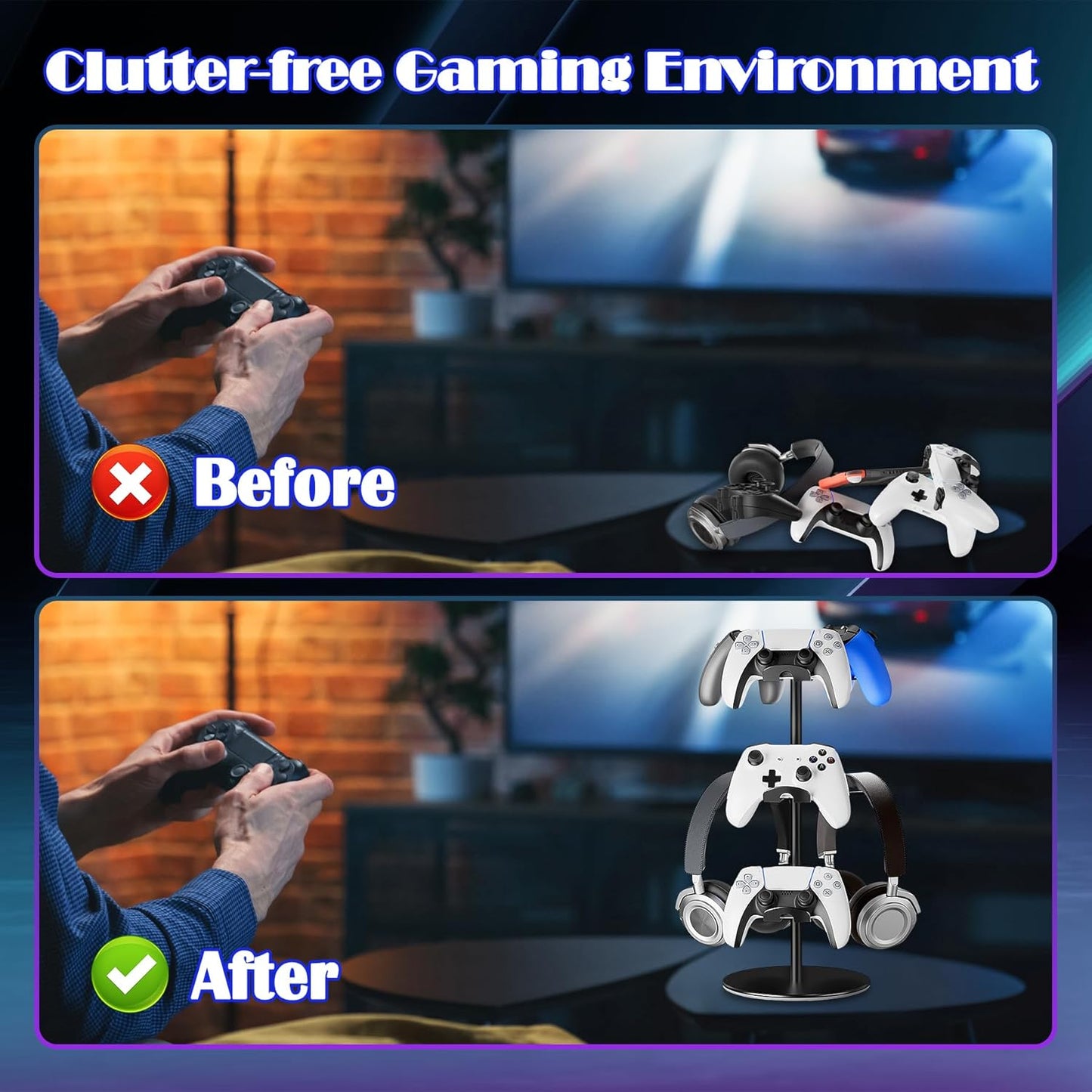 Controller Holder Stand 3 Tiers, Rotatable Gaming Headset Stand Compatible with Xbox PS5 PS4 Nintendo Switch Pro, Aluminum Headphone Organizer Rack, Desktop Gampads Holder, Black