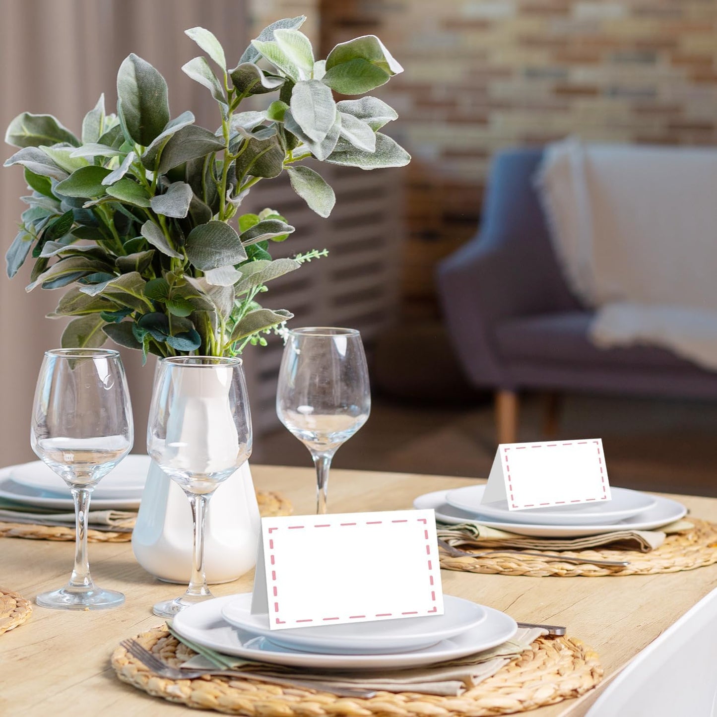 25 Pack Pink Lines Border Place Cards, Editable Name Cards for Table Setting, Tent Cards Food Label for Dinner Party, Bridal Shower, Wedding, Baby Shower and Events -T40