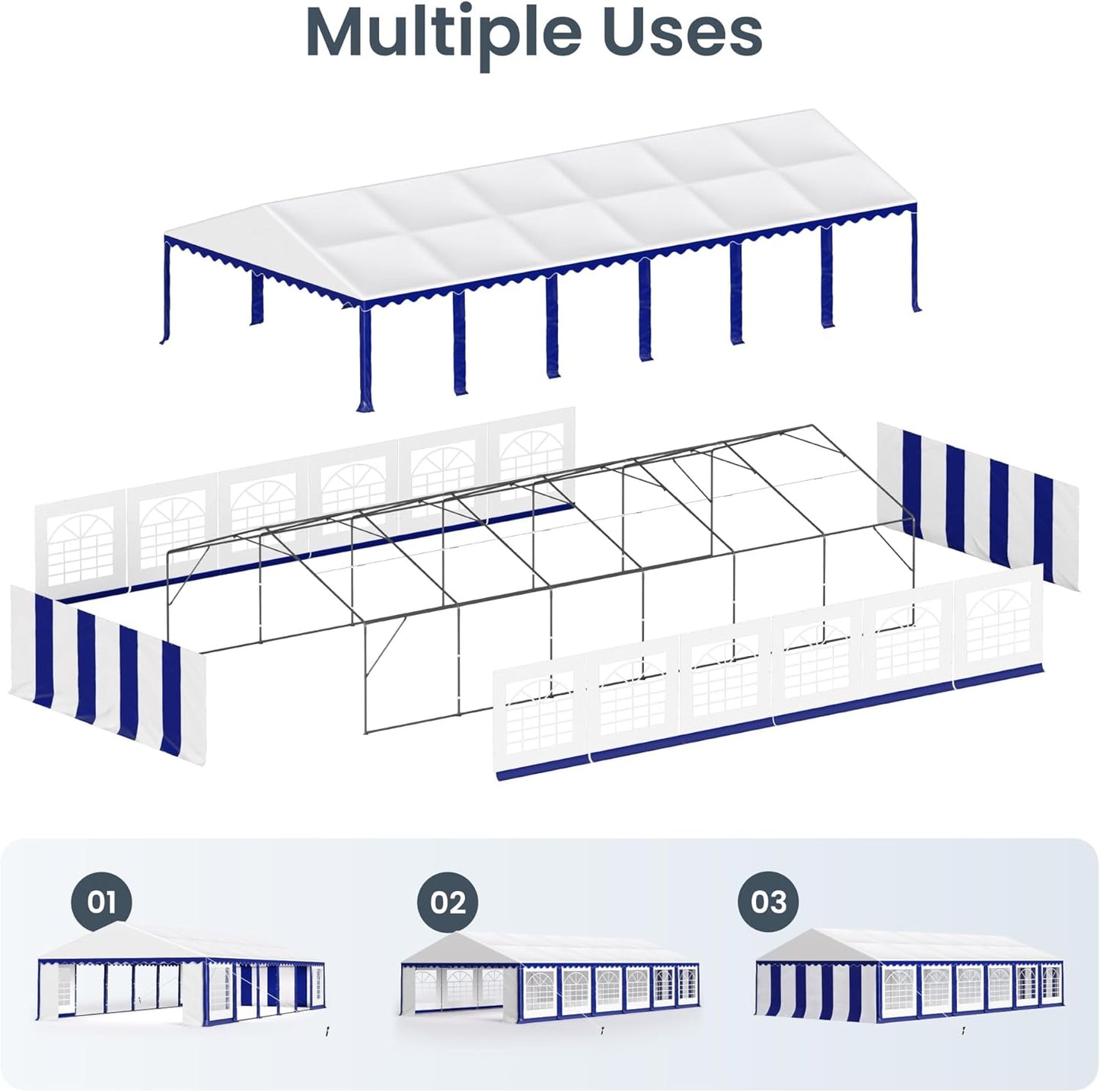 PHI VILLA 40 ft. x 20 ft. Large Outdoor Canopy Wedding Party Tent with Removable Side Walls & 7 Storage Bags, White with Blue Stripes