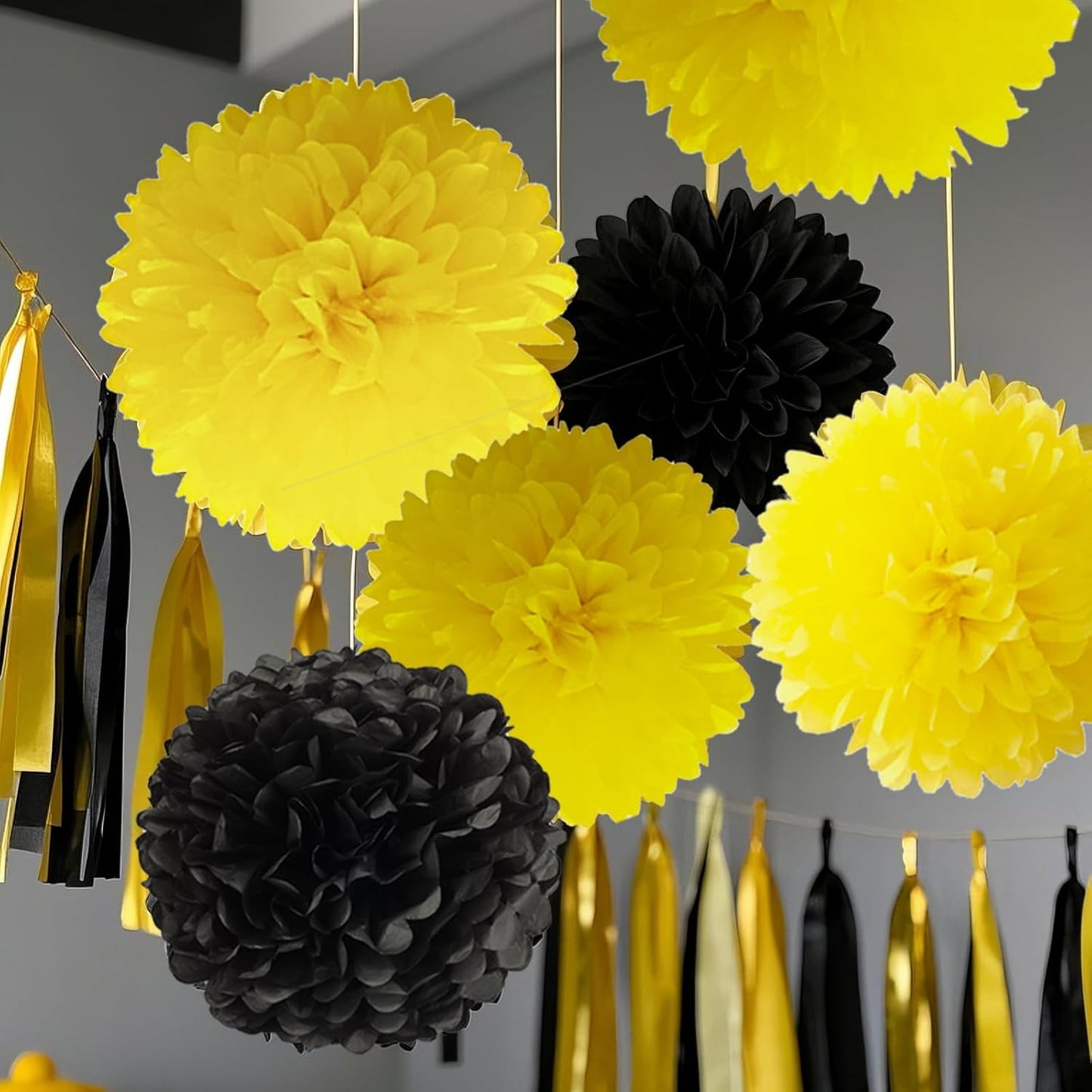 Capesaro Black and Yellow Tissue Paper Pom Poms, 15PCS Tissue Paper Flowers for Birthday Party Decorations, Bee Classroom Decor Wedding Baby Shower Home Decoration
