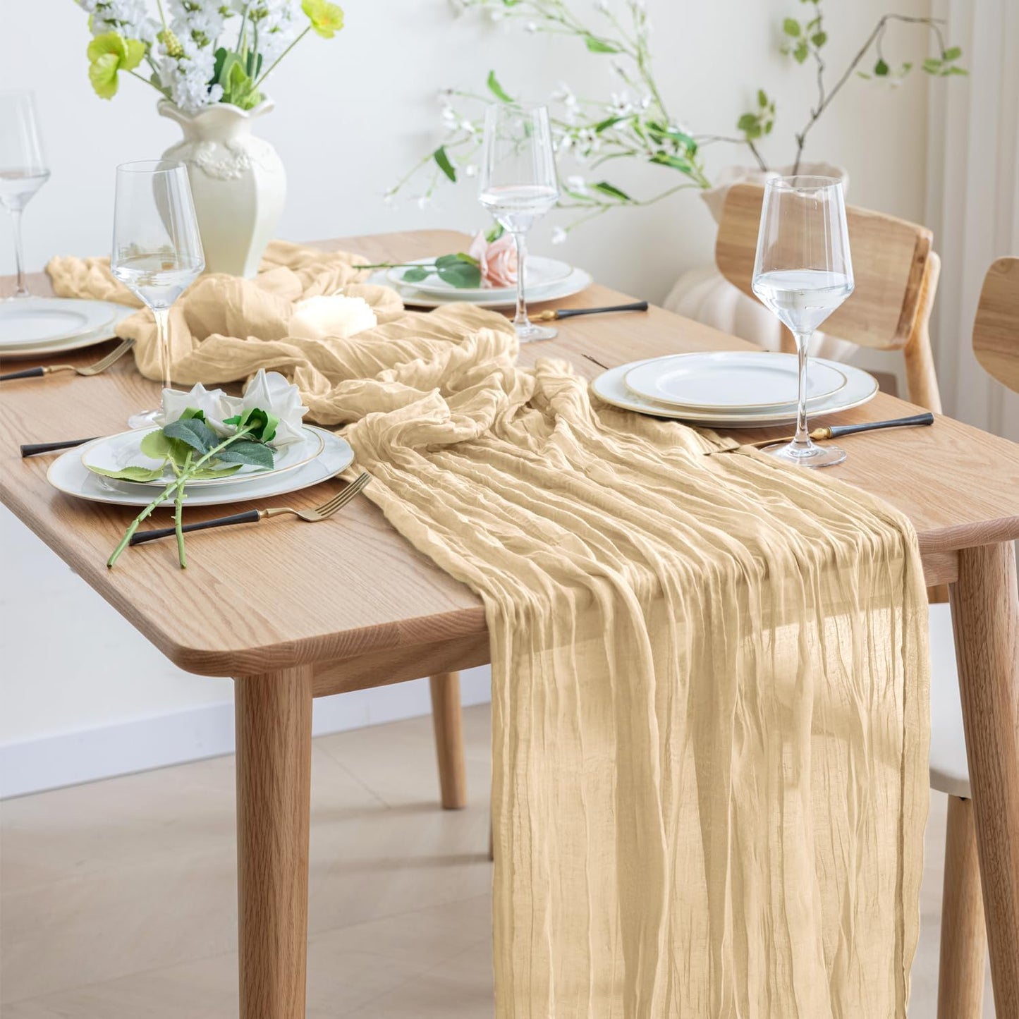 Asee'm 2pcs Cheesecloth Table Runner 120 Inches Long Sand Boho Gauze Cheese Cloth Runner 10FT Rustic Sheer Table Runners for Christmas Wedding Party Baby Shower Spring Easter Decoration