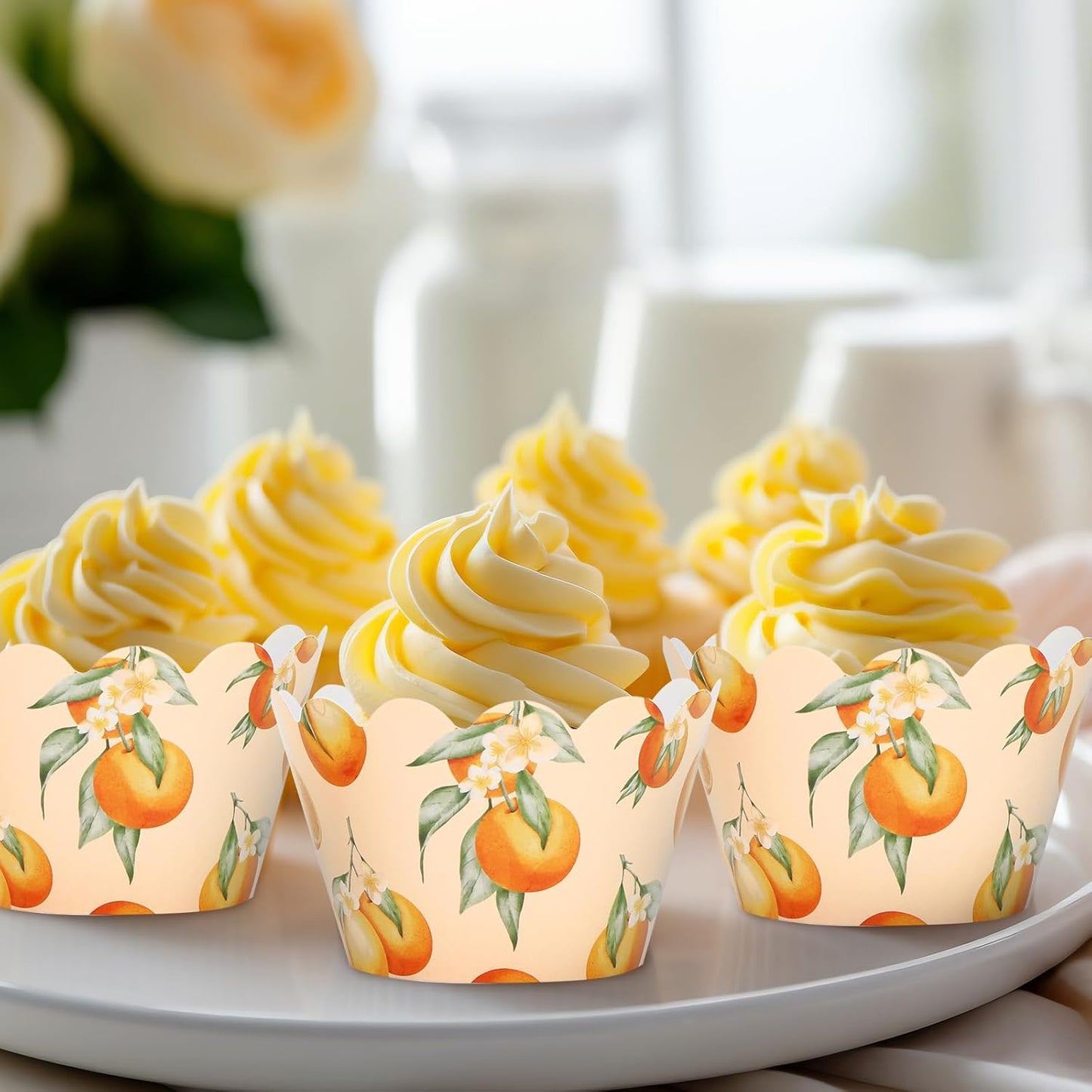 Whaline 36Pcs Little Cutie Cupcake Wrappers Watercolor Orange Cupcake Liners Decorative Cupcake Holders for Birthday Baby Shower Party Cake Decoration