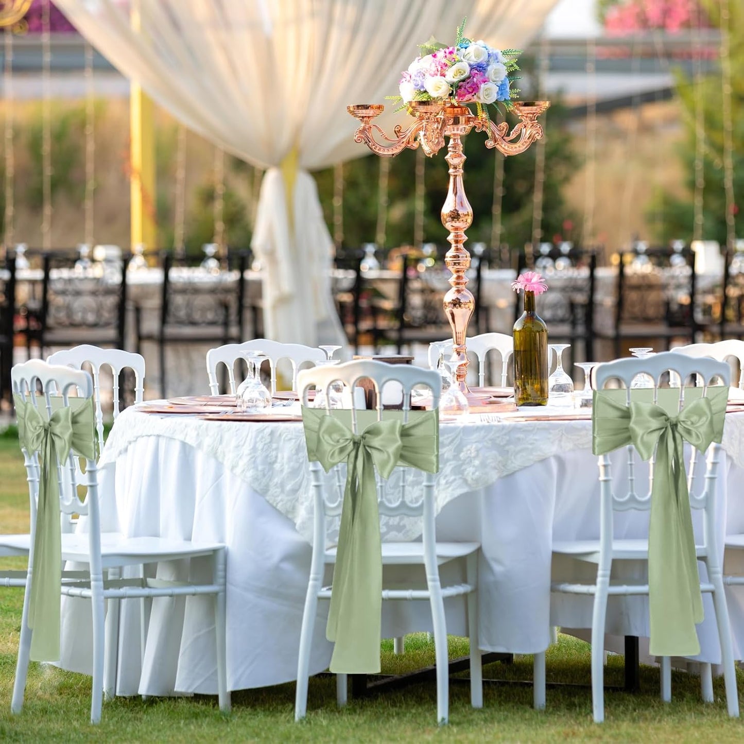 50 PCS Sage Green Satin Chair Sashes Bows Universal Chair Ribbon Ties Back Sash for Wedding Party Reception Events Banquets Hotel Event Chair Cover Decoration (7x108 inch)