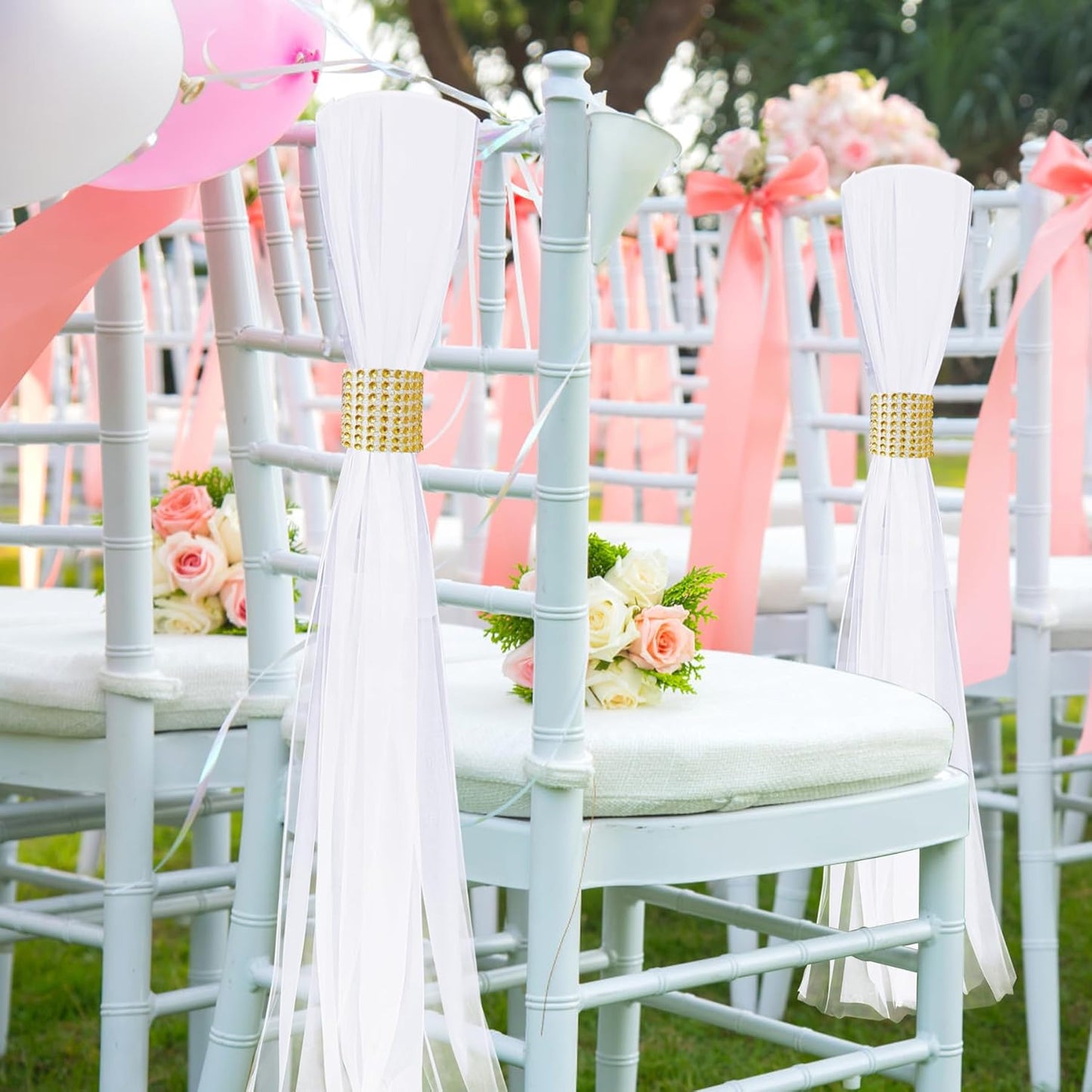 Large White Pew Bows Tulle Wedding Aisle Chair Decorations, Extended Church Pew Decor Aisle Flowers Runner for Weddings Ceremony Outside Decorations (38, Gold Wrap)