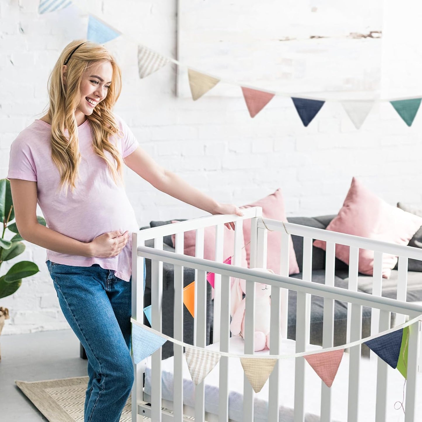 Oudain 15.5 ft Pennant Banner Flags, 2 Pcs Nursery Garland Triangle Bunting Flag Baby Banner for Nursery Decor Baby Birthday Boho Wedding Shower Party Event, Each 7.75 ft(Elegant Color)