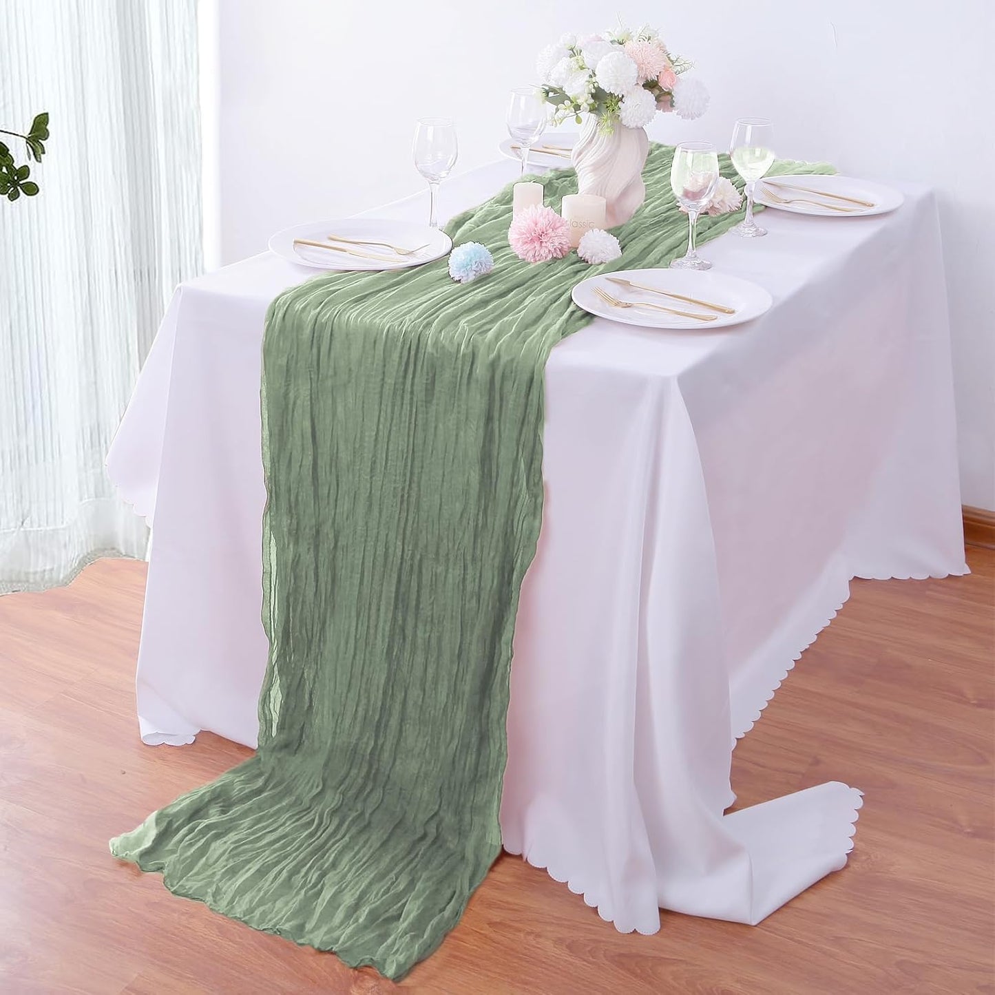 4 Pack Sage Green Cheesecloth Table Runner 35x120 Inch Boho Gauze Fabric Cheese Cloth Table Runner 10Ft Rustic Romantic Sheer Table Runners for Wedding Party Bridal Baby Shower Long Table Decoration