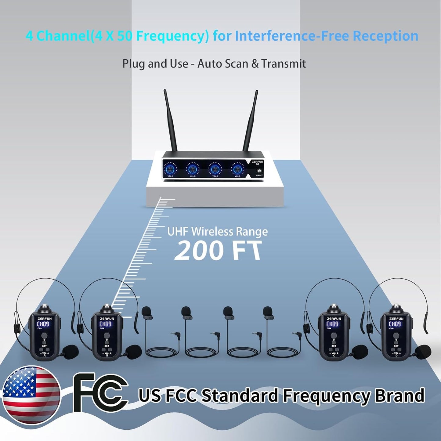 4 Channel Rechargeable Wireless Microphone System, Pro UHF Metal Headset Lavalier Lapel Cordless Mics Handheld for Karaoke Singing Church with VOL Control, 4x50 Adjustable Frequency(G8)