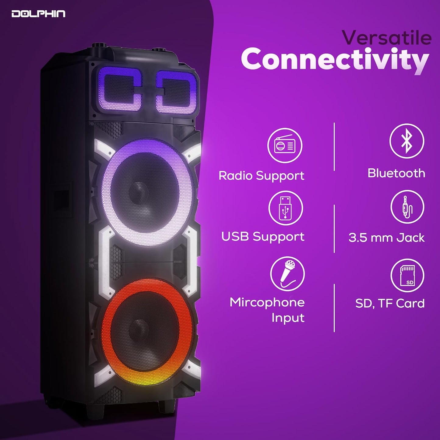 Dolphin High-Power Portable Party Bluetooth Speaker – Wooden Cabinet, X-BASS, LED Lights, Wireless Microphone – Ideal for Parties, Tailgating, and Events