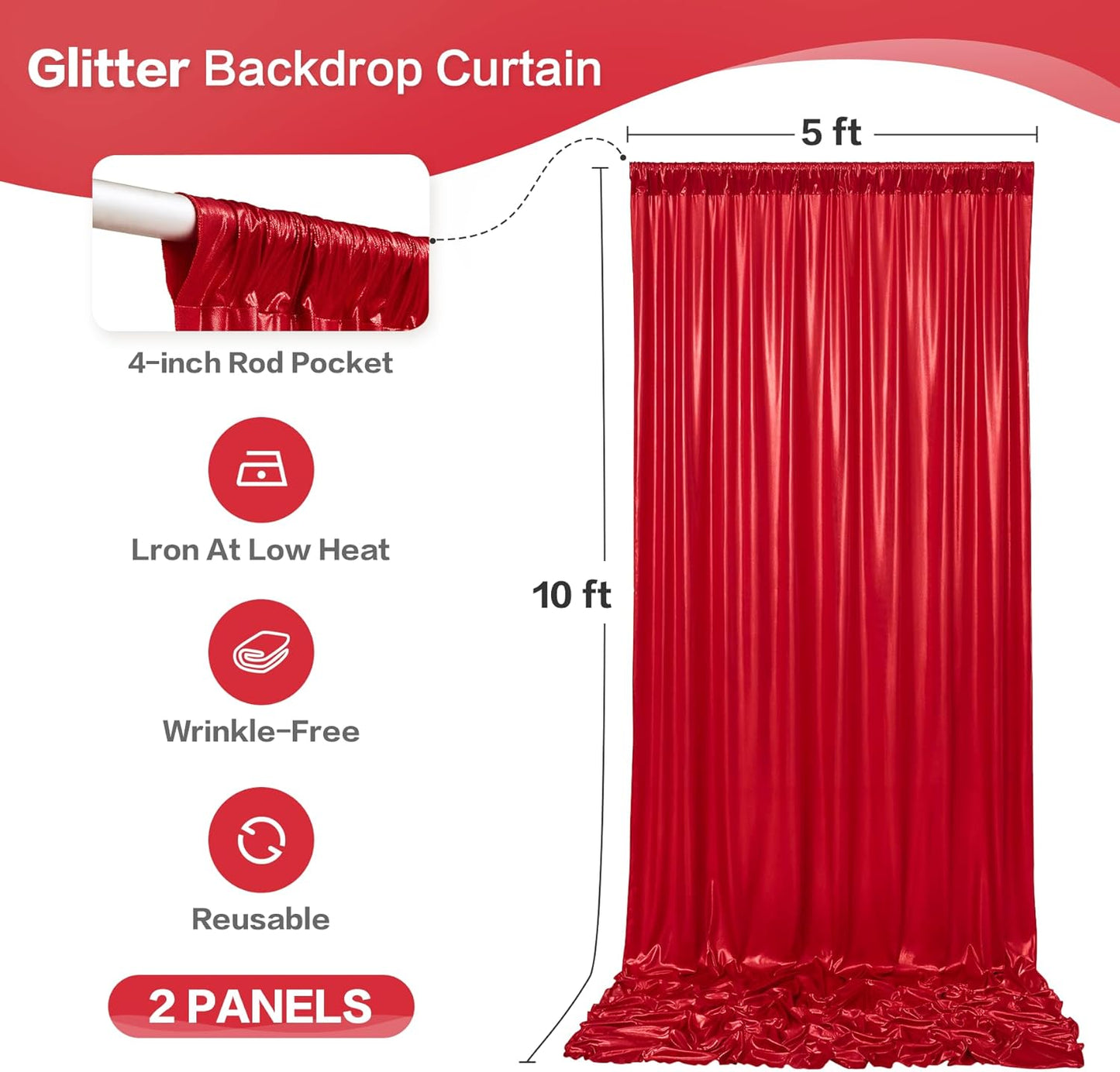 gogoparti 10x10FT Red Sequin Backdrop Curtain - 2 Panels of 5x10FT Wrinkle-Free Glitter Drapes for Photography, Birthdays, Weddings & Graduations