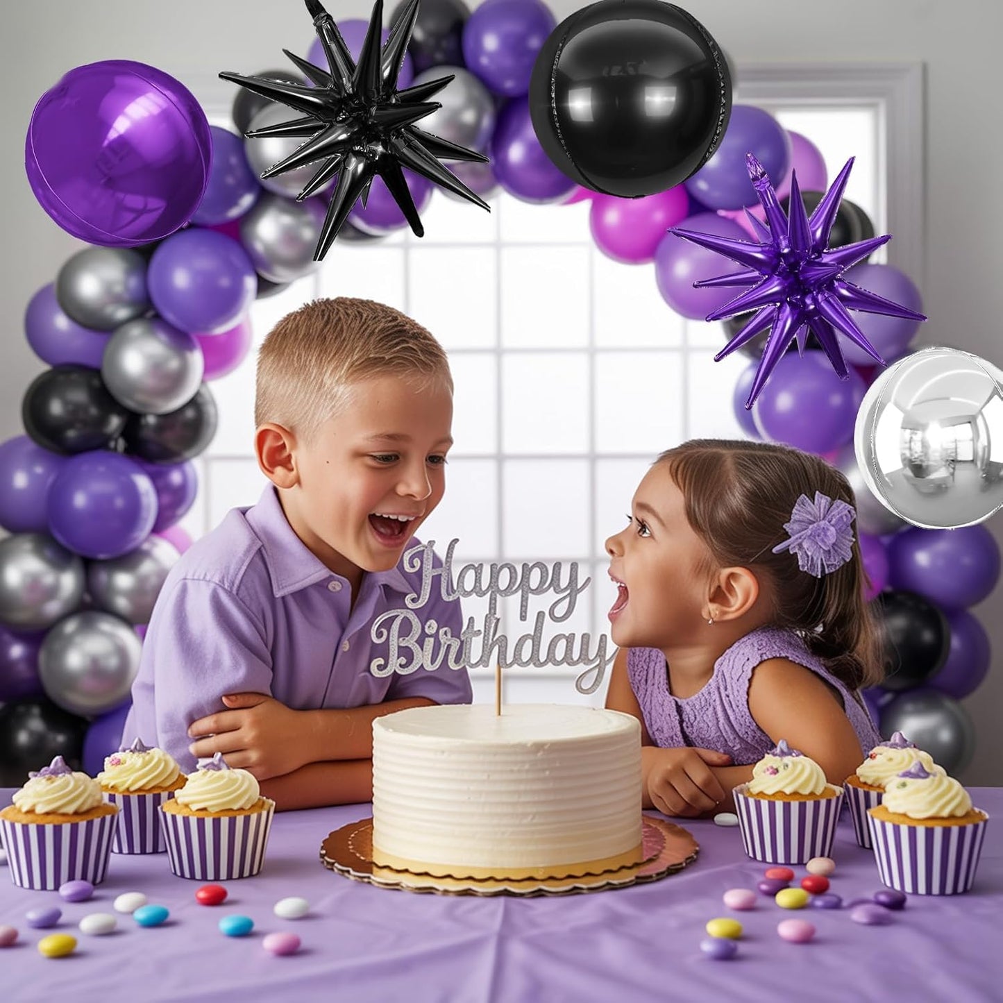 6Pcs Black Purple Silver Foil Balloons,22Inch Purple Black Silver 4D Round Ball Balloon and Explosion Star Balloon for Birthday Halloween Wedding Baby Shower Anniversary Party Decorations