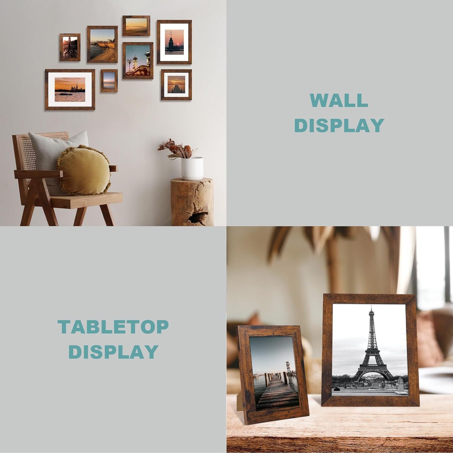 6x9 Picture Frame Set of 4, High Definition Real Glass Rustic Frame, 6 x 9 Wood Photo Frames for Tabletop Display and Wall Mounting