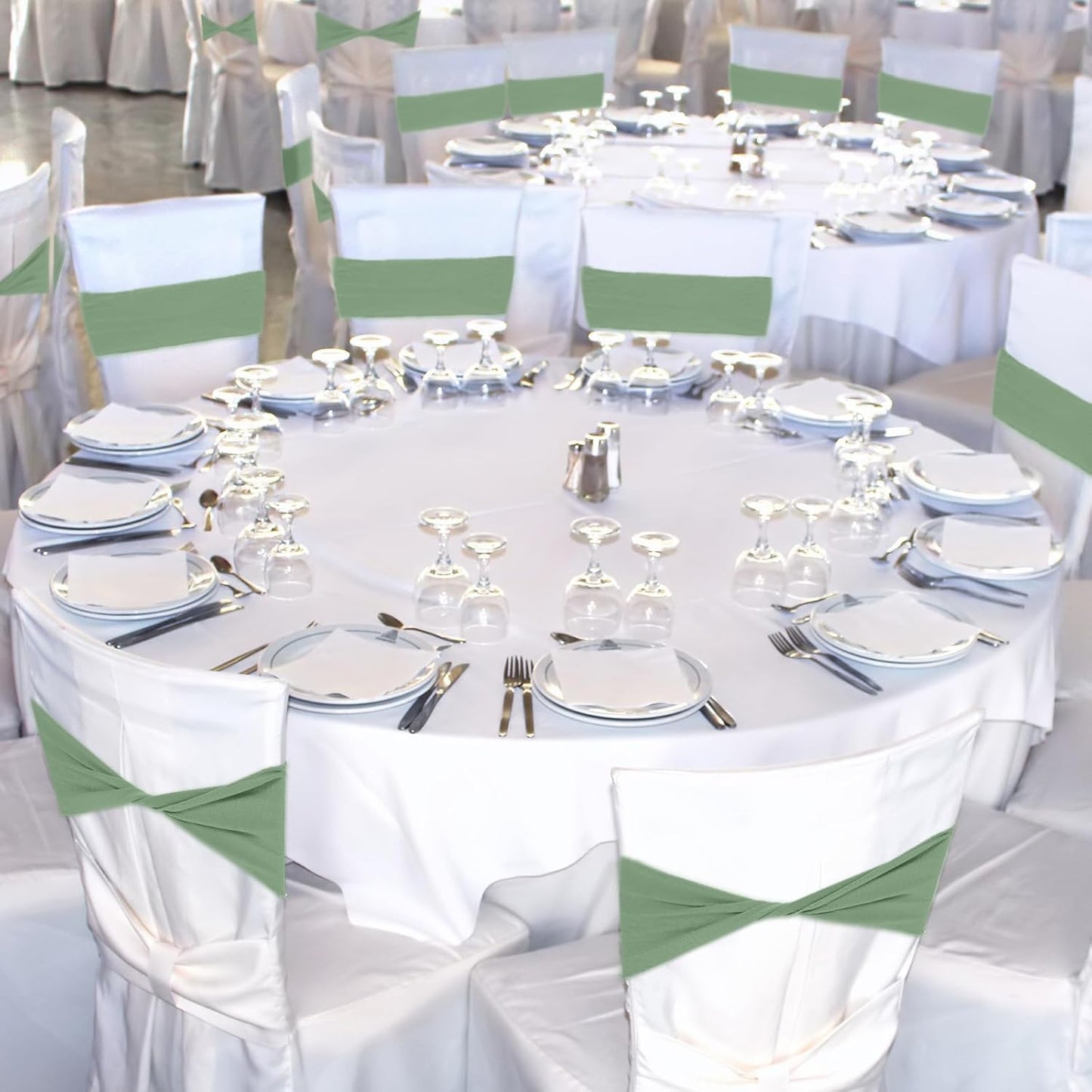 Kinlop 50 Pcs Spandex Chair Sashes Bows Chair Bands Slider Sashes for Covers Elastic Bands Ties Without Buckle Decorations for Wedding Party Events Ceremony Birthday(Sage Green)