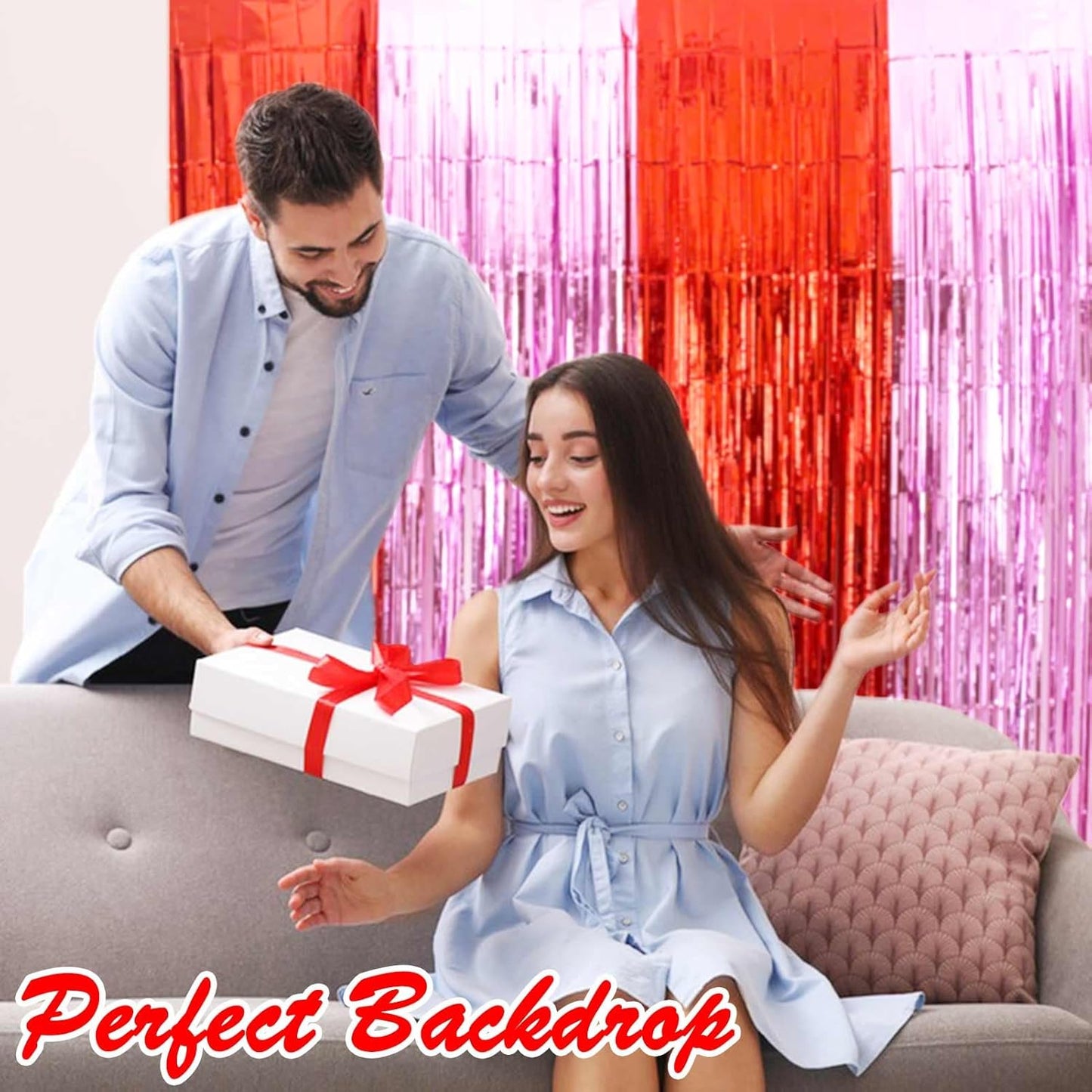 Valentines Backdrop Decorations - 4 Pack of 3.2x8.2ft Red Pink Foil Fringe Curtains Streamers Backdrop for Birthday Valentines Decor