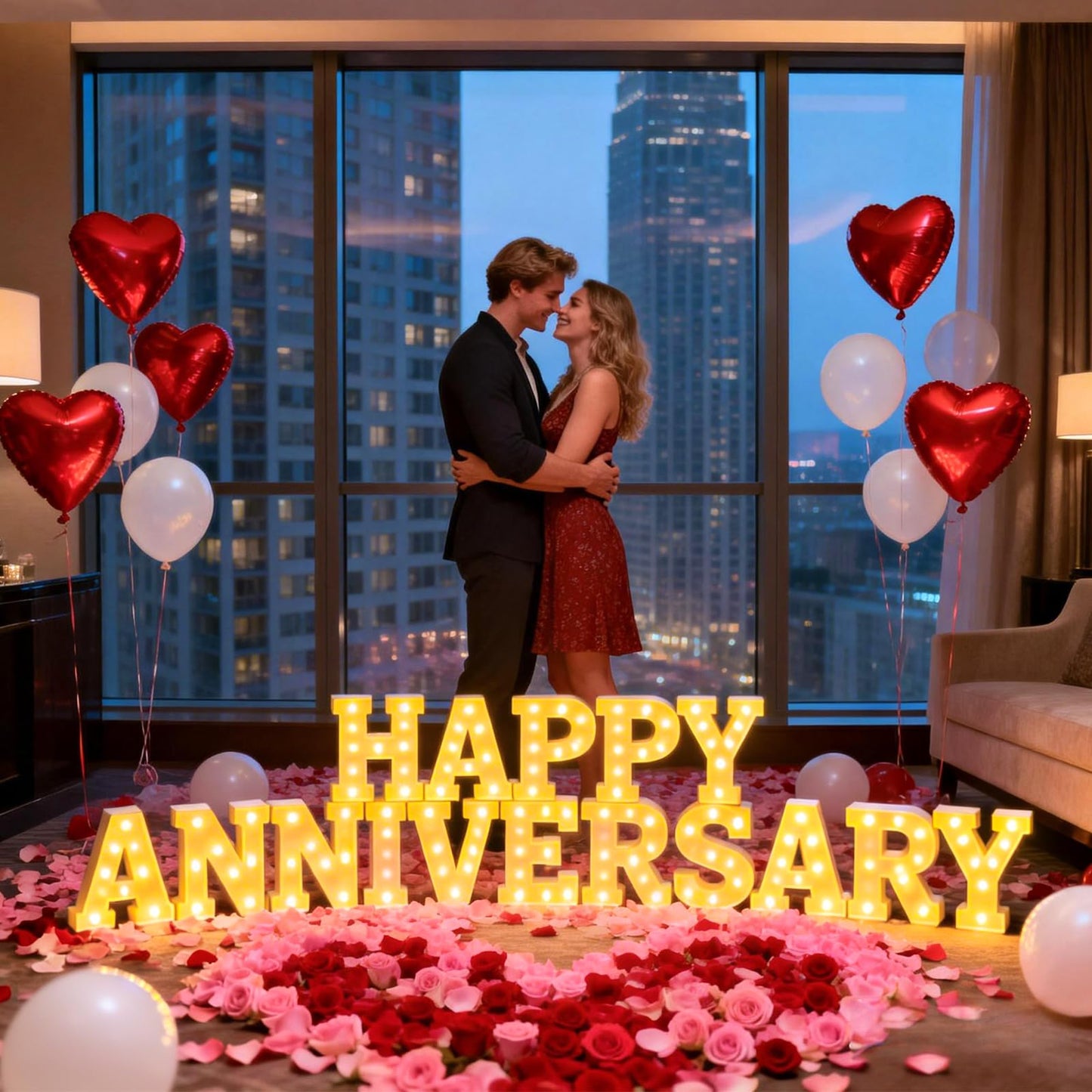 Peledic Happy Anniversary Decorations, Light up Letters Sign, with Rose Petals, Round Pearlescent