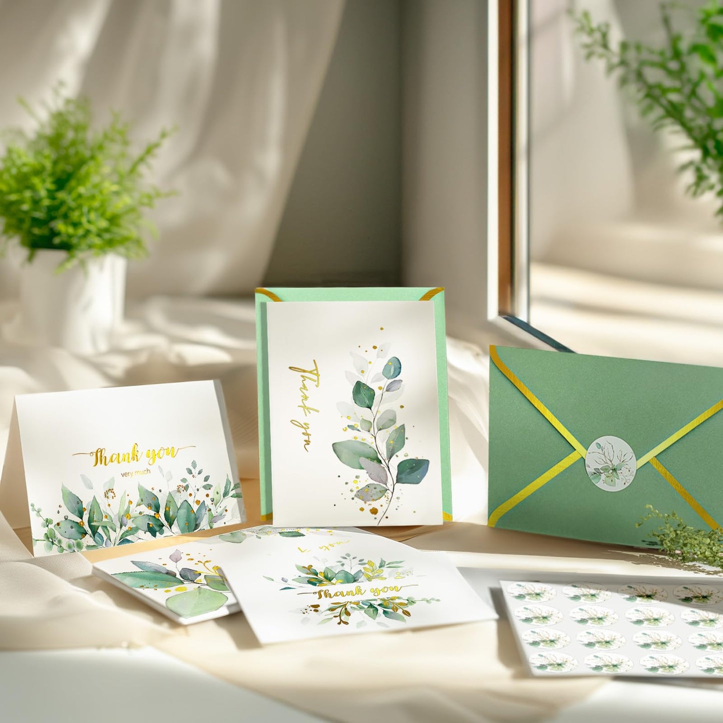 BGTCARDS Greenery Thank You Cards with Envelopes, Gold Foil, 32 Pack, 4×6”