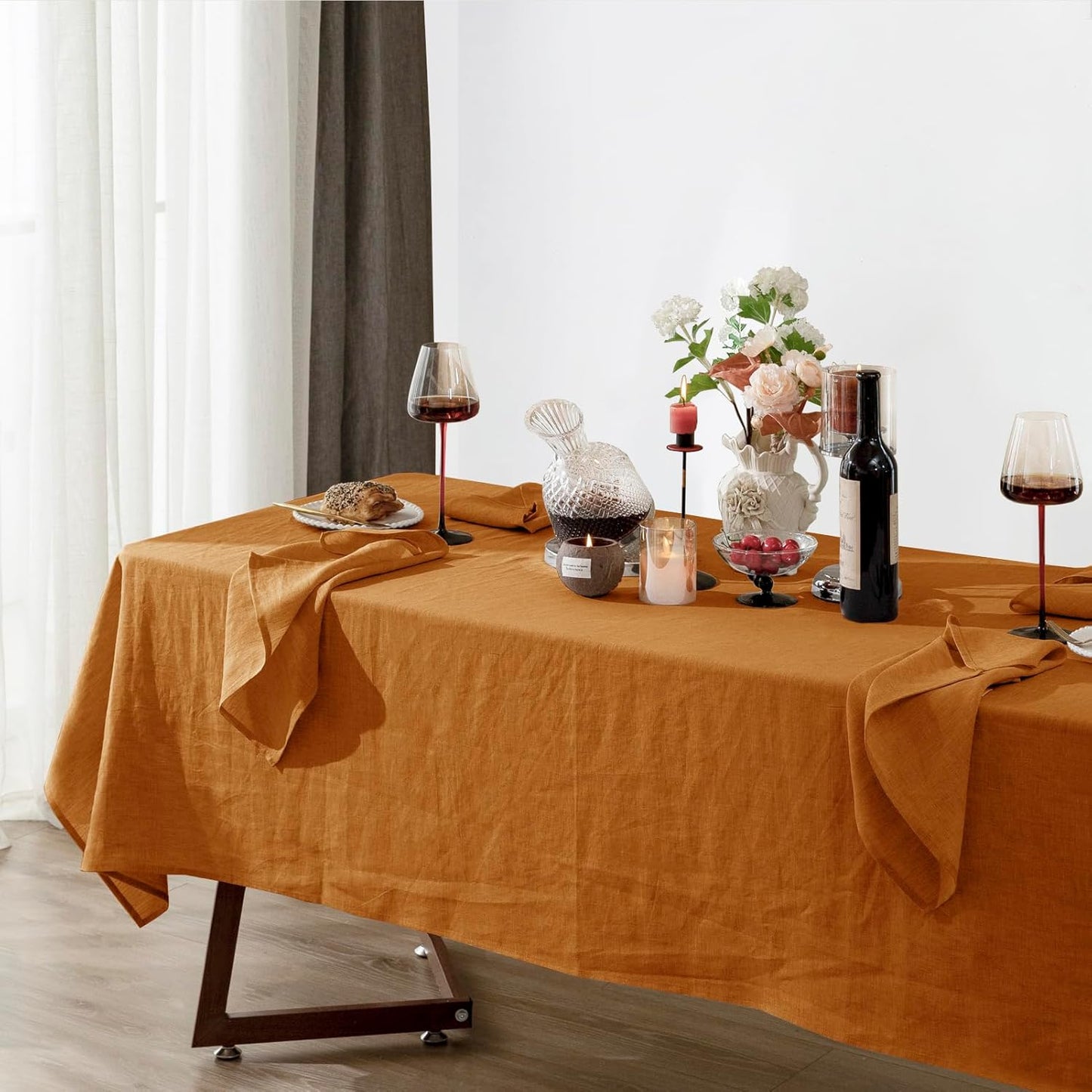 Talasily Linen Tablecloth 100% Pure Linen Table Cloth 60x108 Inches Rectangle Tablecloths Washable Cloths for Kitchen, Dining, Buffet Parties, Holidays, Picnic, Weddings and Restaurants-Caramel