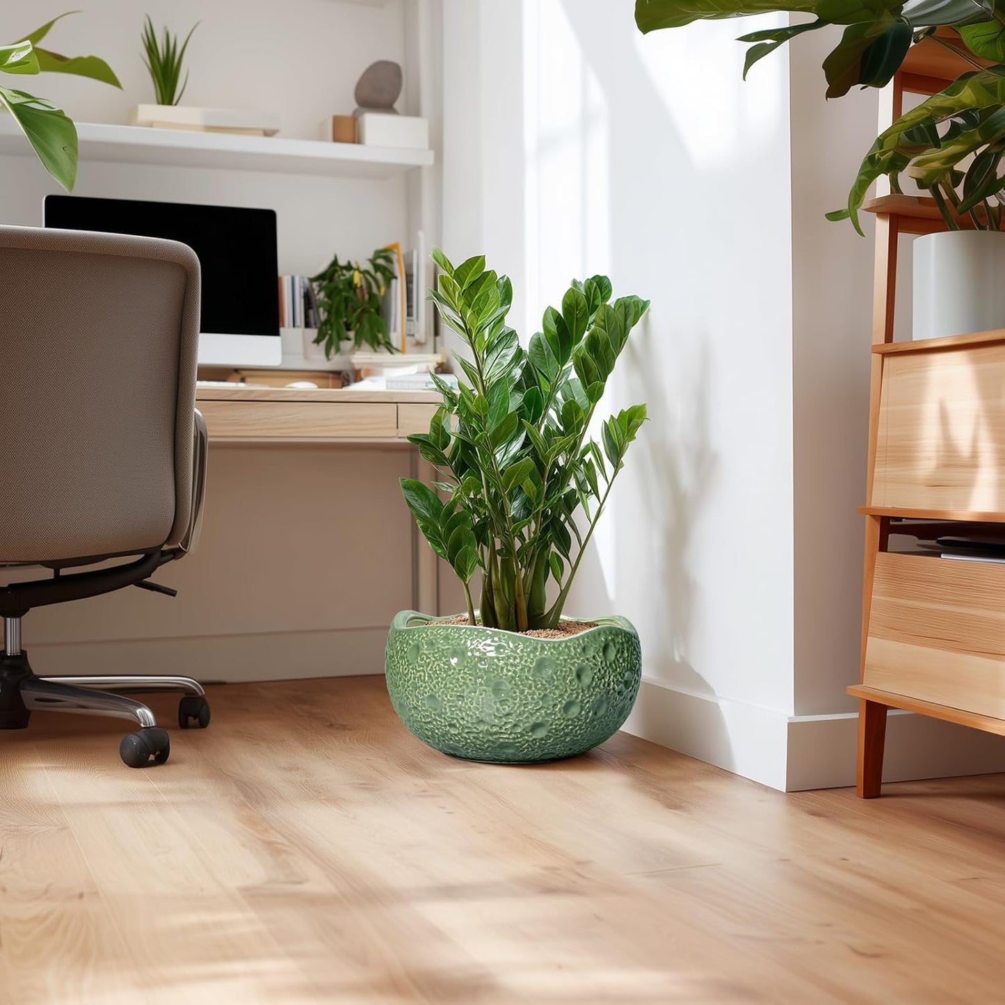 Ceramic Pots for Plants - 13 Inch Large Bonsai Pots Indoor Outdoor, Round Plant Pot with Drainage Hole, Decorative Flower Pot, Modern Unique Planters, Patio Decor, Plant Lover Gifts, Green